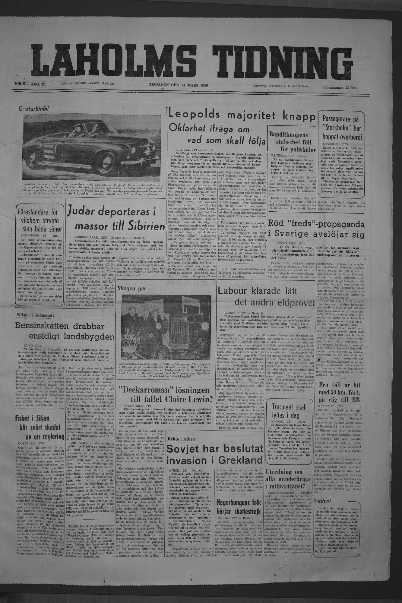 Laholms Tidning Tisdag 14 mars 1950, sida 1