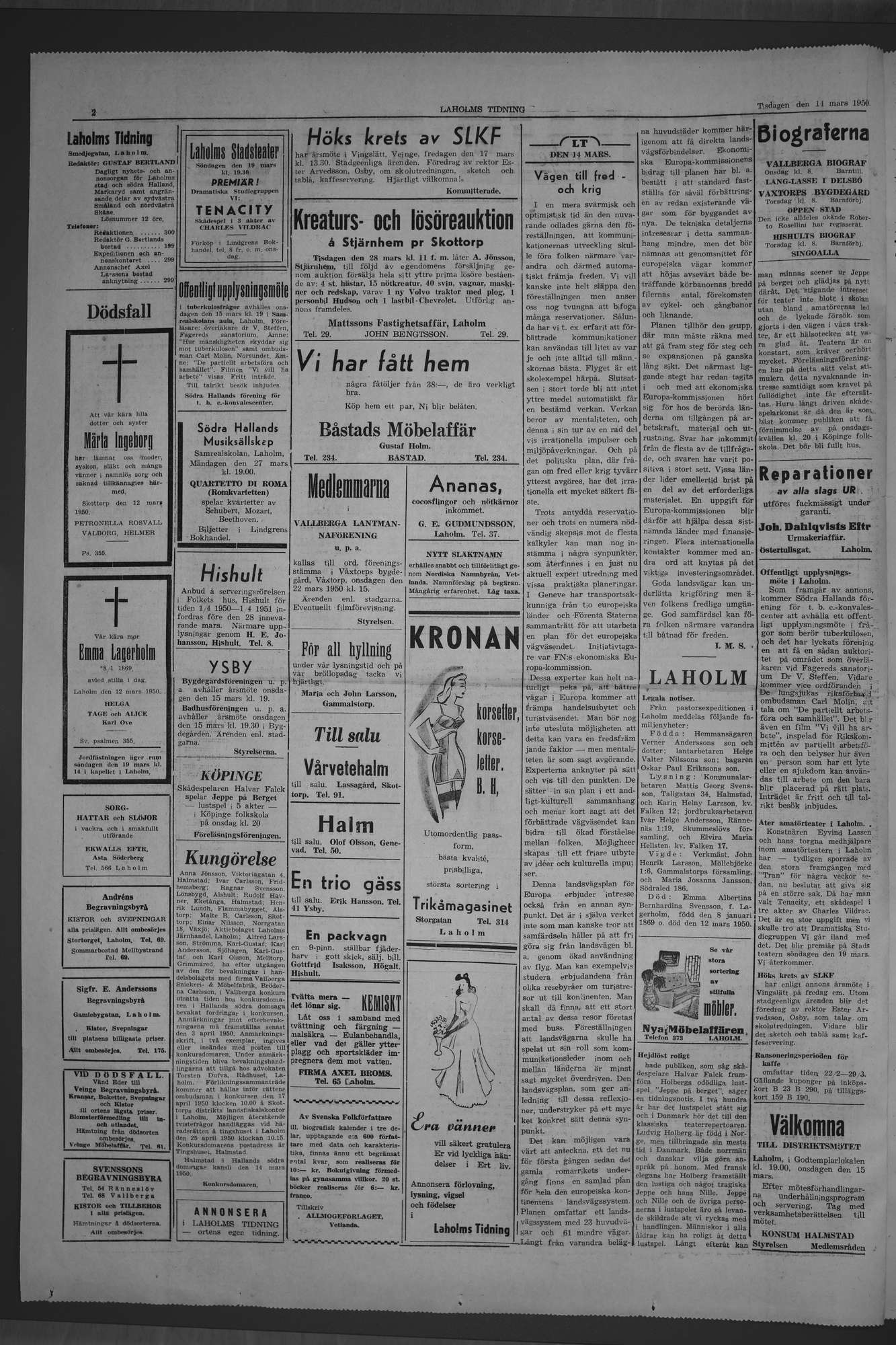 Laholms Tidning Tisdag 14 mars 1950, sida 2