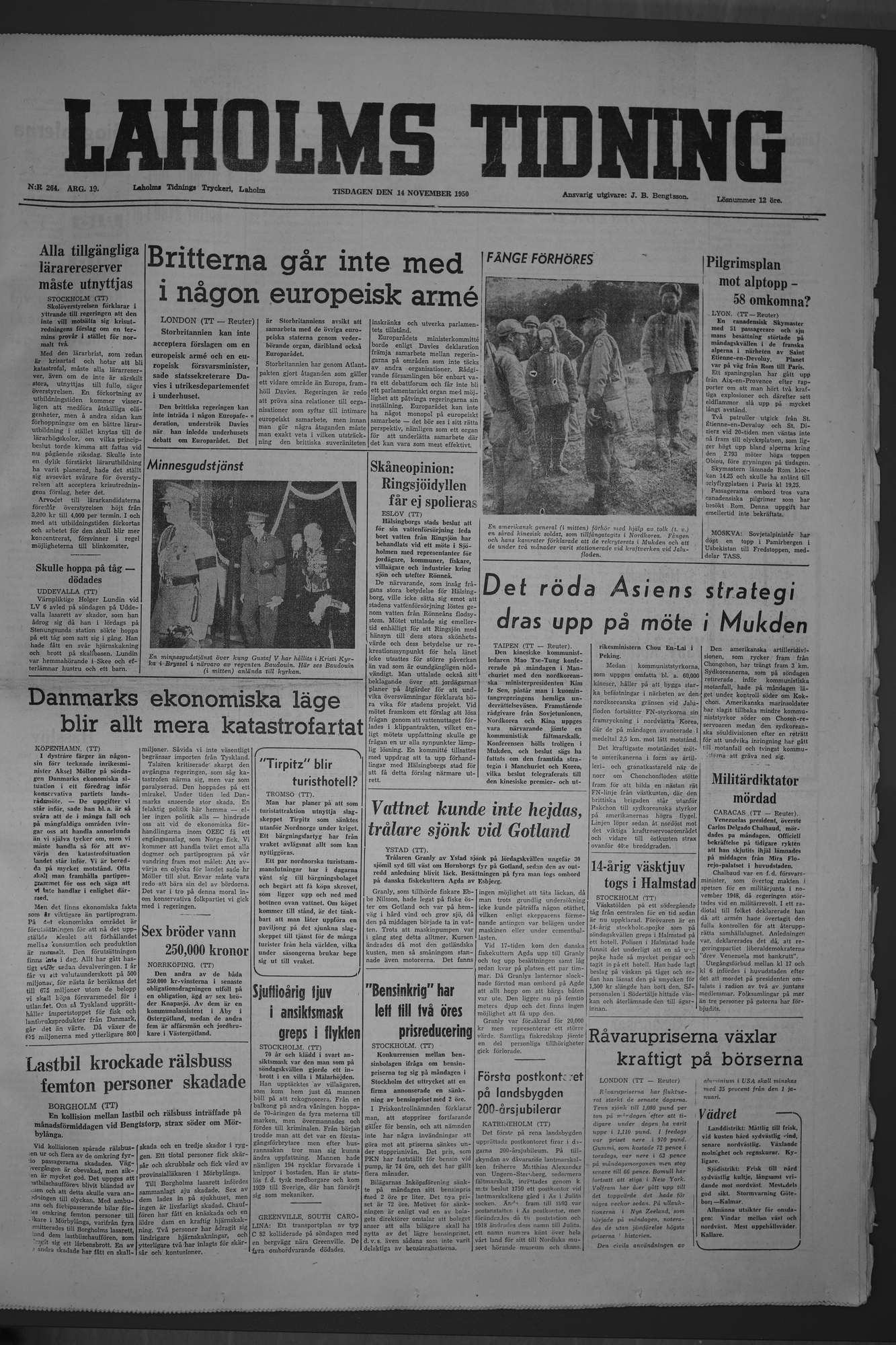 Laholms Tidning Tisdag 14 november 1950, sida 1