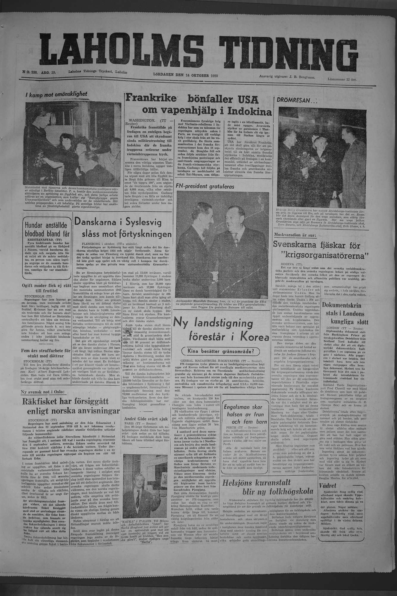 Laholms Tidning Lördag 14 oktober 1950, sida 1