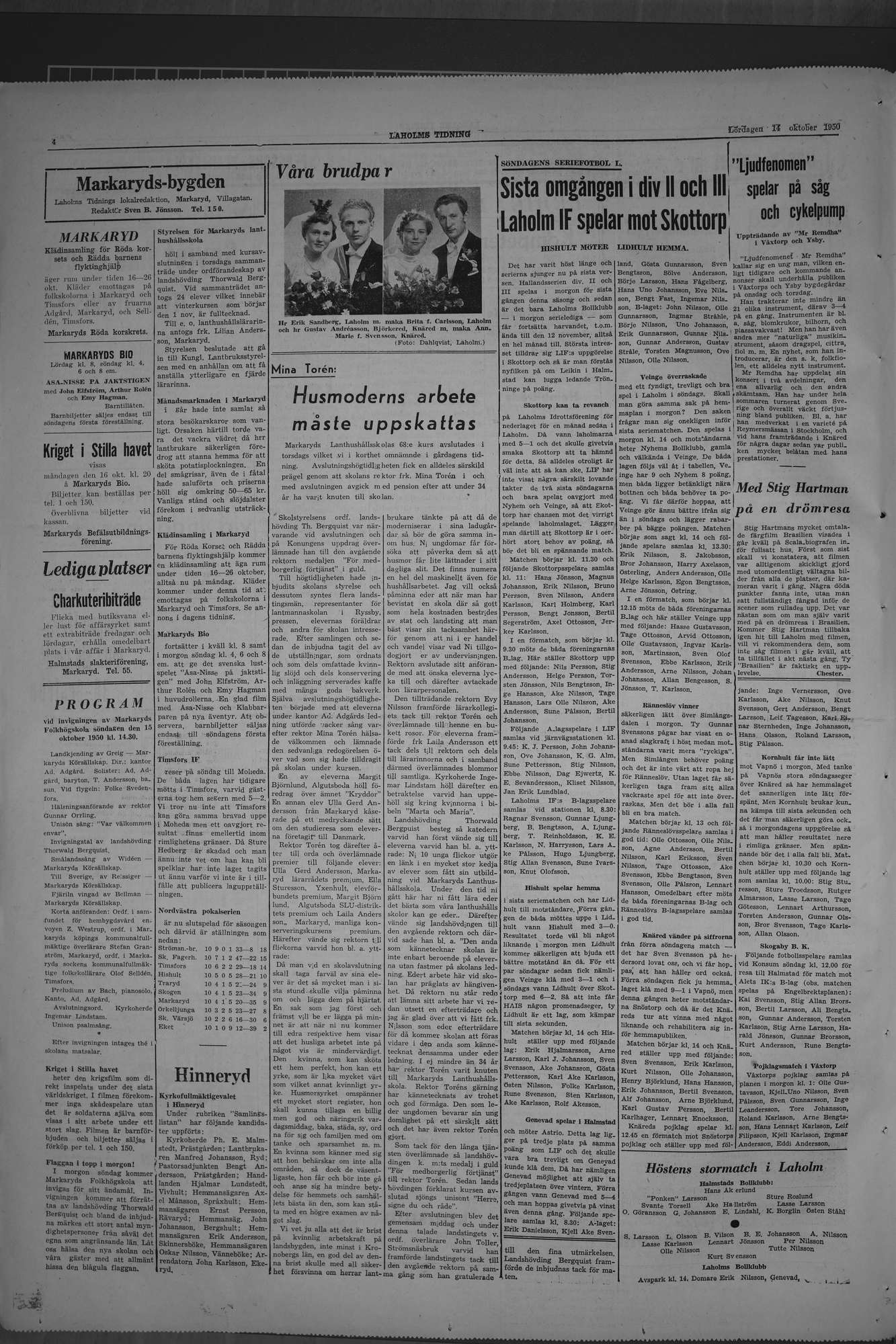 Laholms Tidning Lördag 14 oktober 1950, sida 4