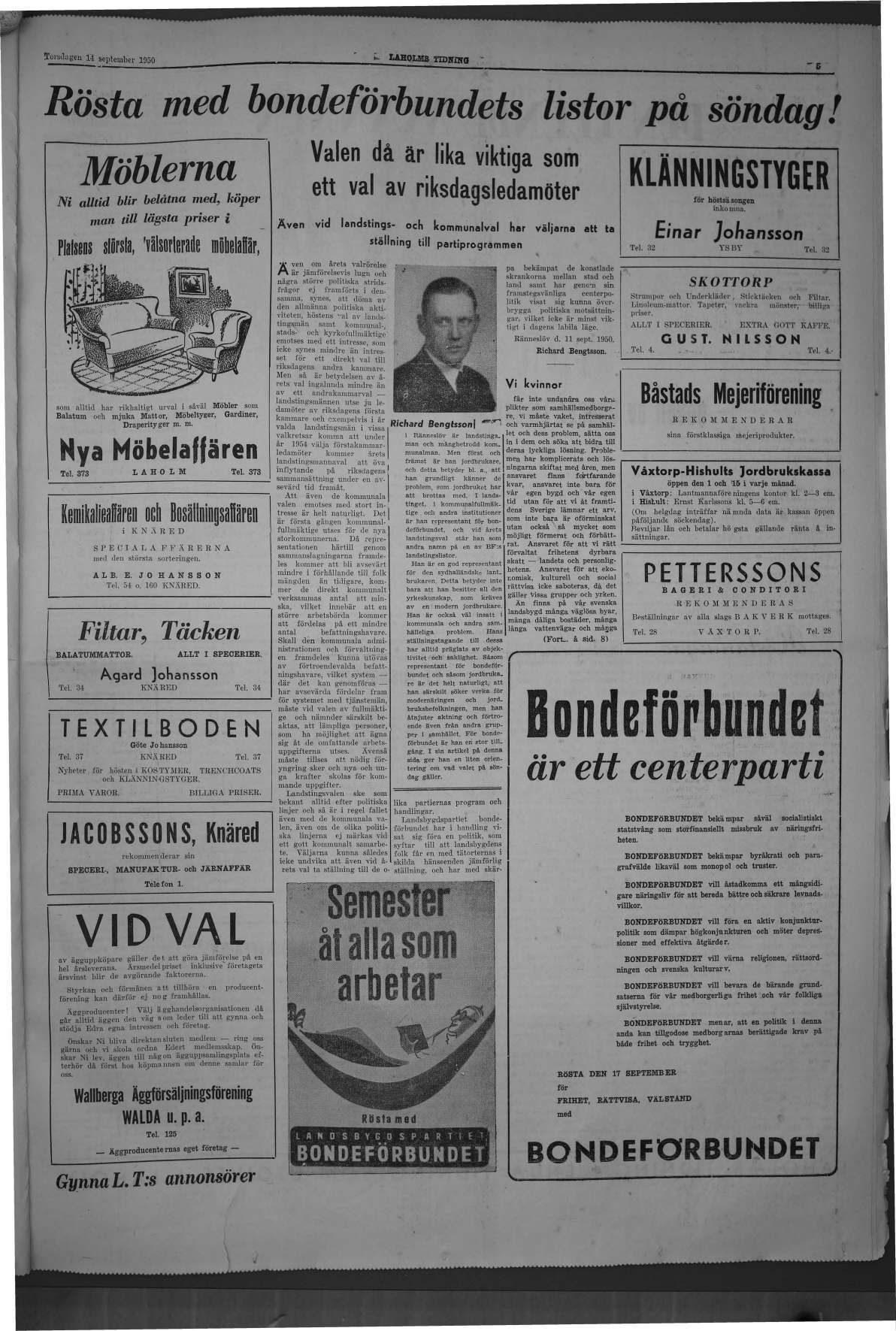 Laholms Tidning Torsdag 14 september 1950, sida 5