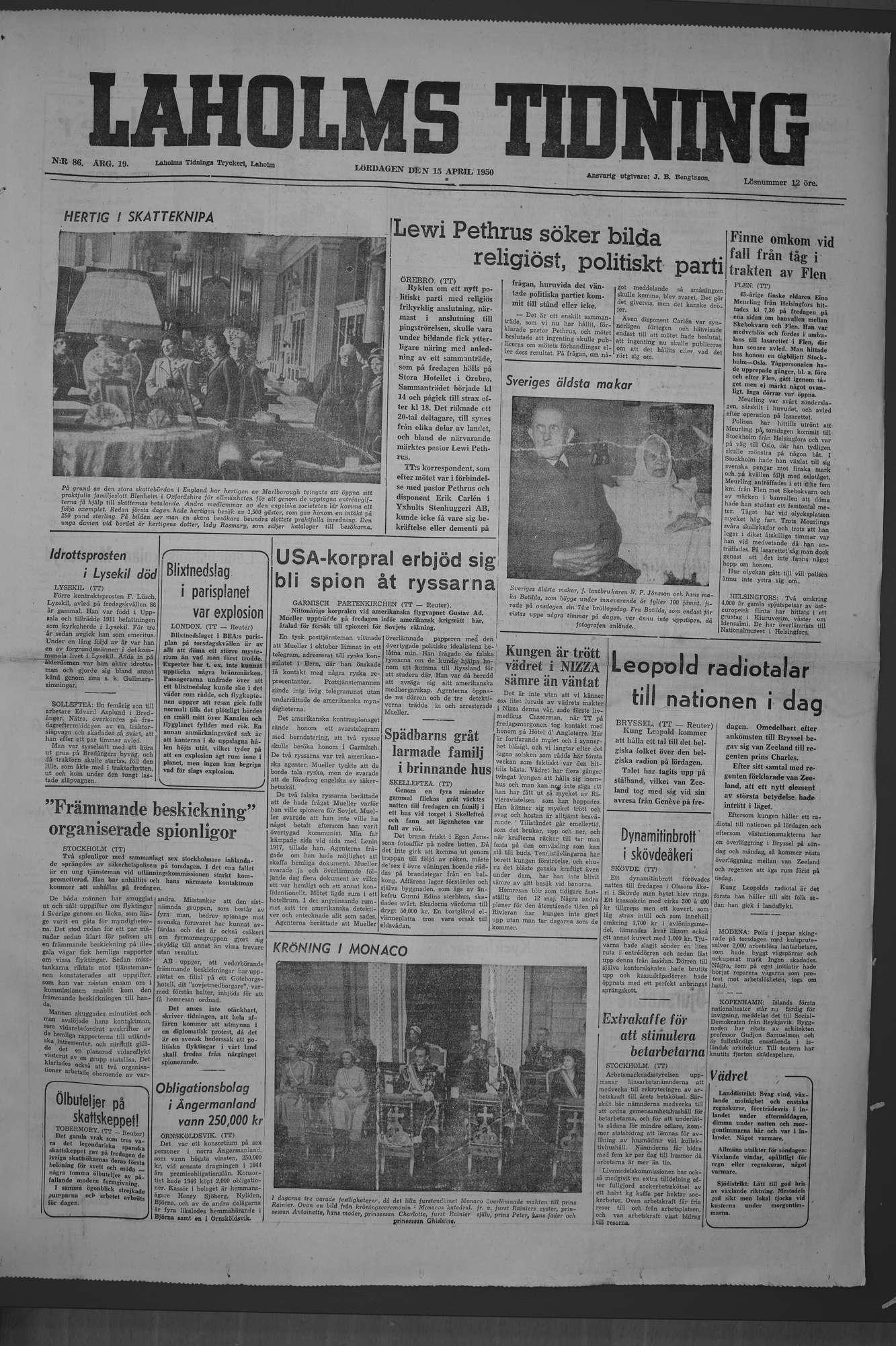 Laholms Tidning Lördag 15 april 1950, sida 1