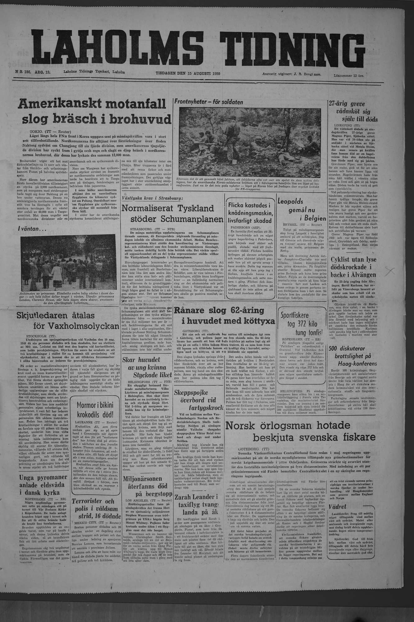 Laholms Tidning Tisdag 15 augusti 1950, sida 1