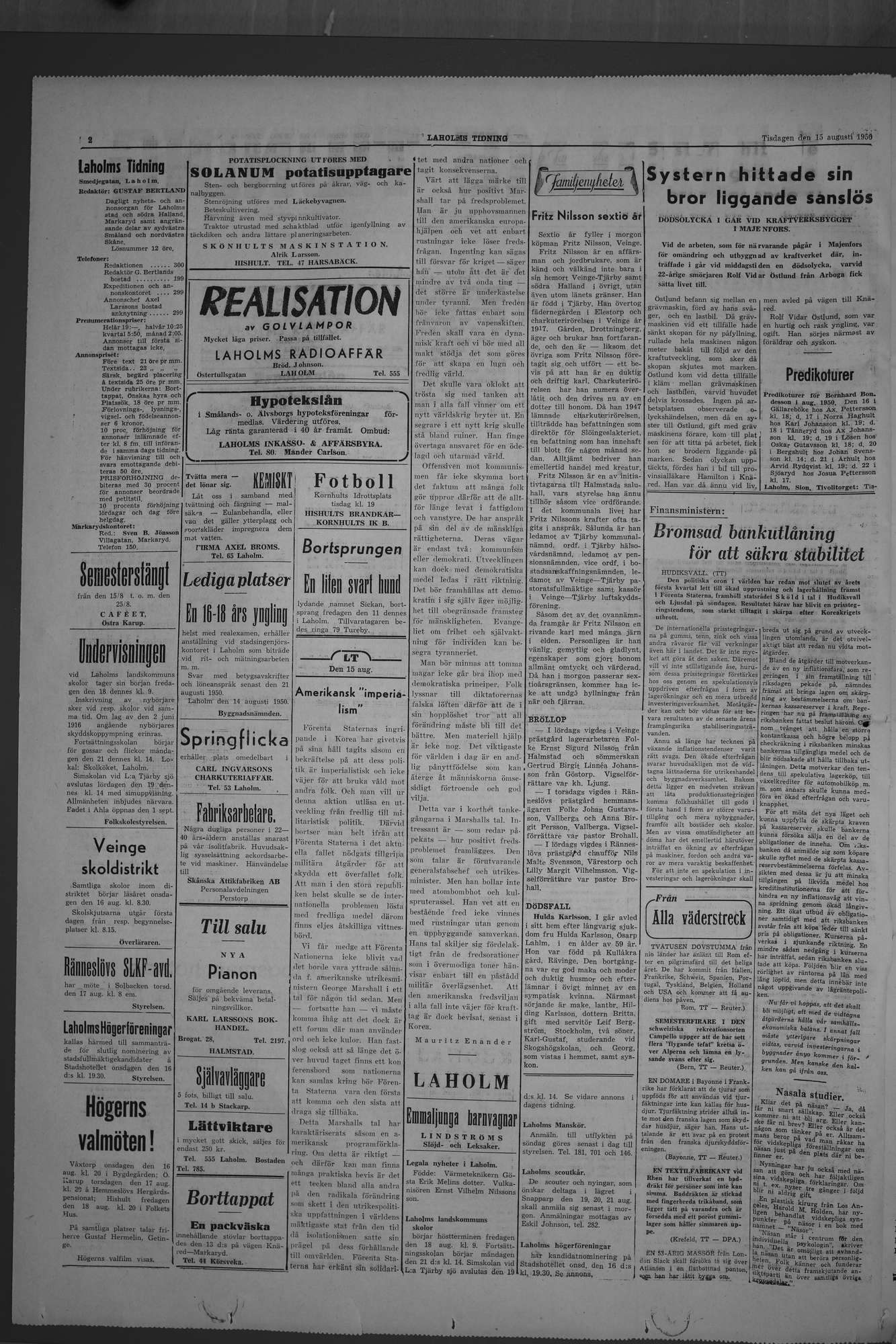 Laholms Tidning Tisdag 15 augusti 1950, sida 2