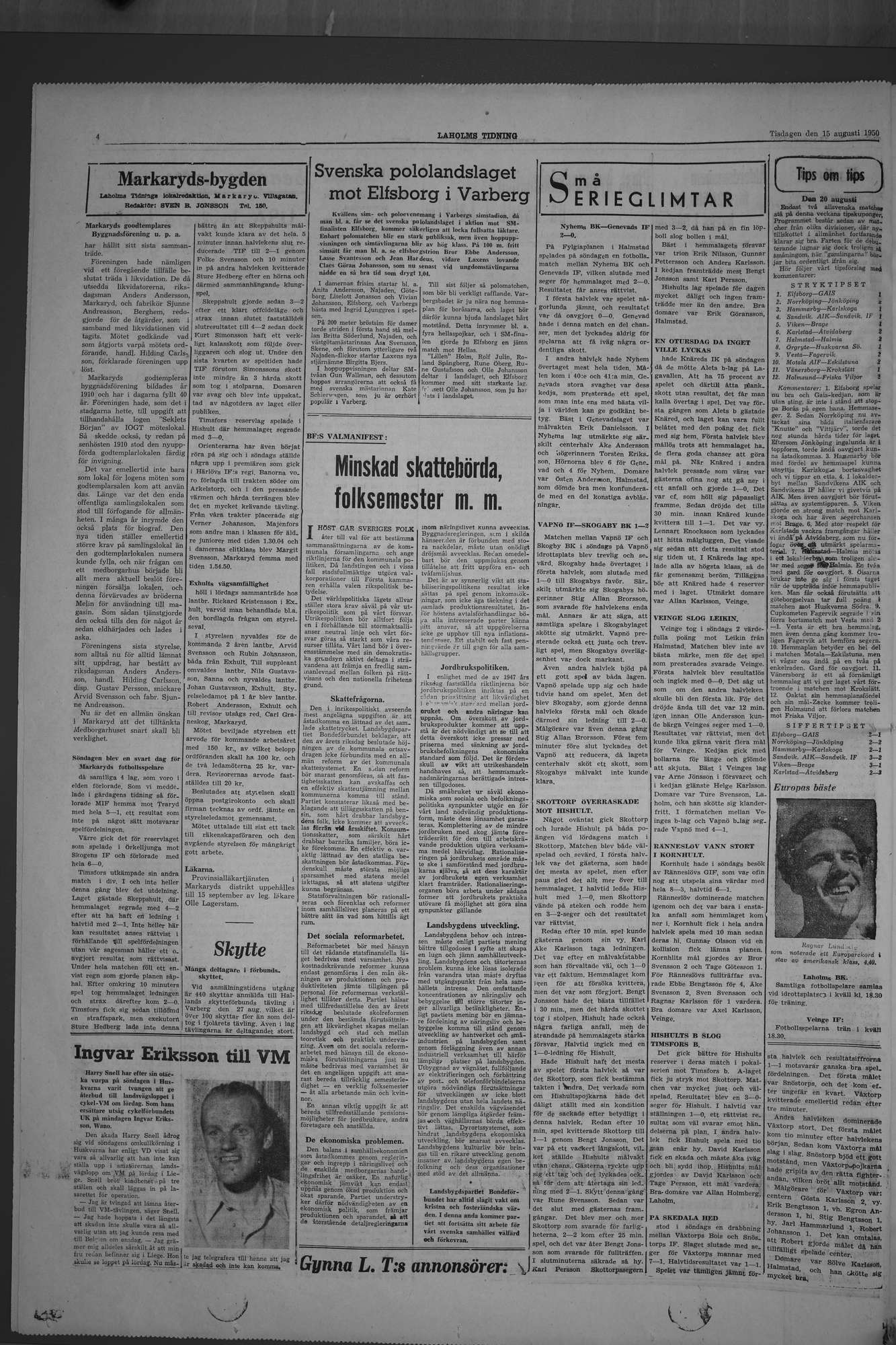 Laholms Tidning Tisdag 15 augusti 1950, sida 4