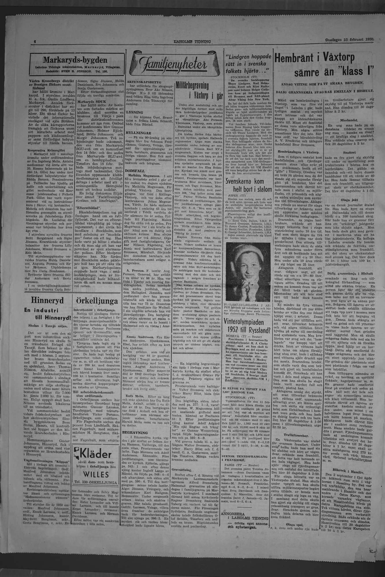 Laholms Tidning Onsdag 15 februari 1950, sida 4