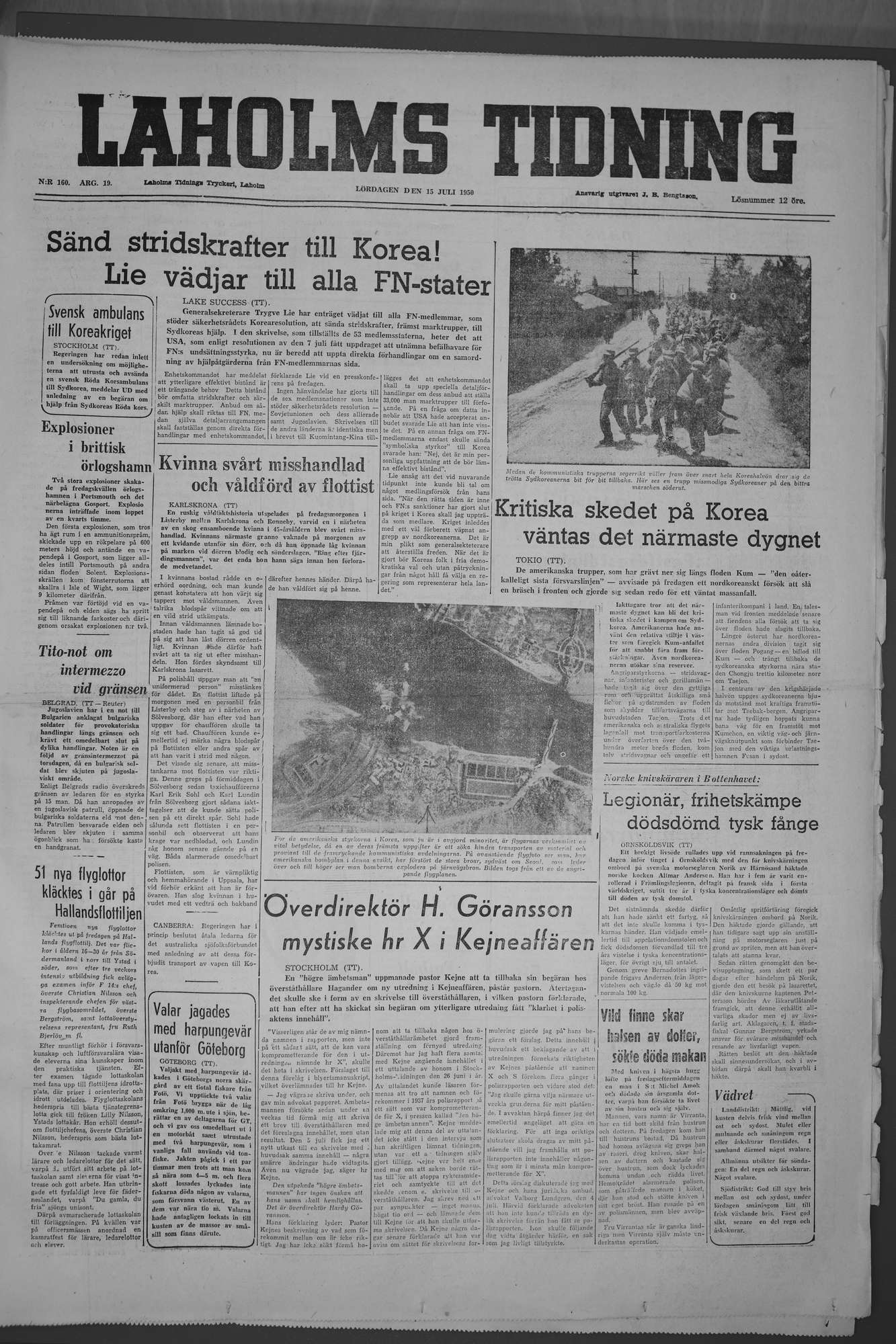 Laholms Tidning Lördag 15 juli 1950, sida 1