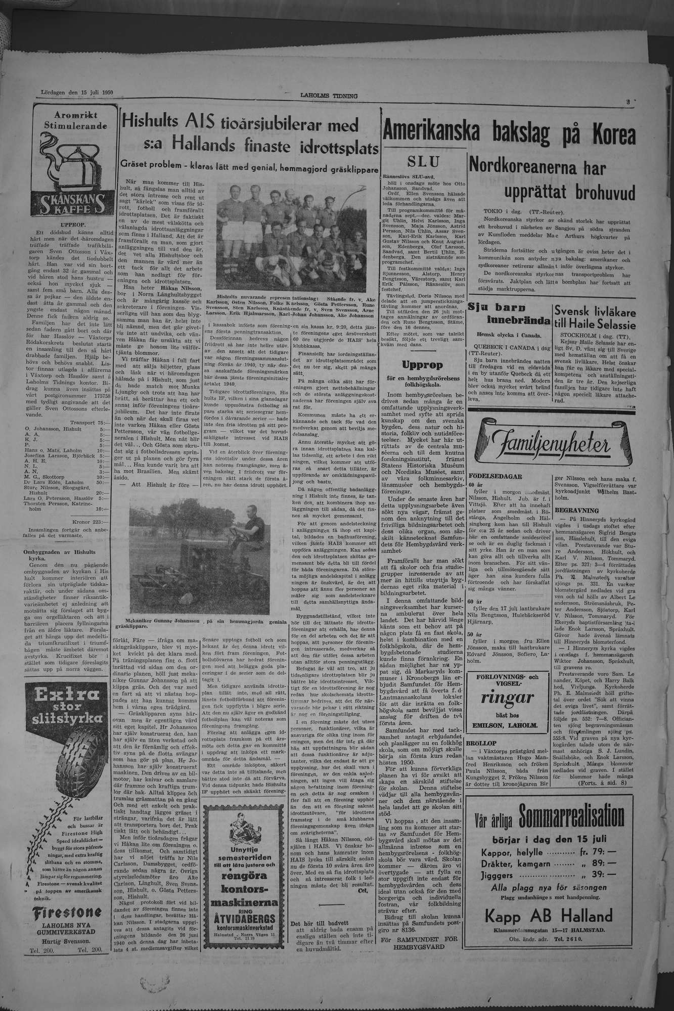Laholms Tidning Lördag 15 juli 1950, sida 3