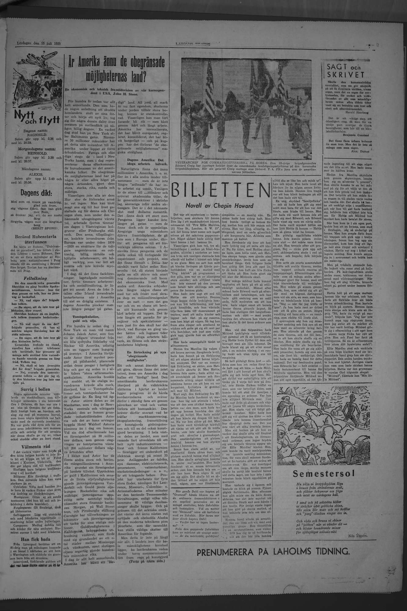 Laholms Tidning Lördag 15 juli 1950, sida 7
