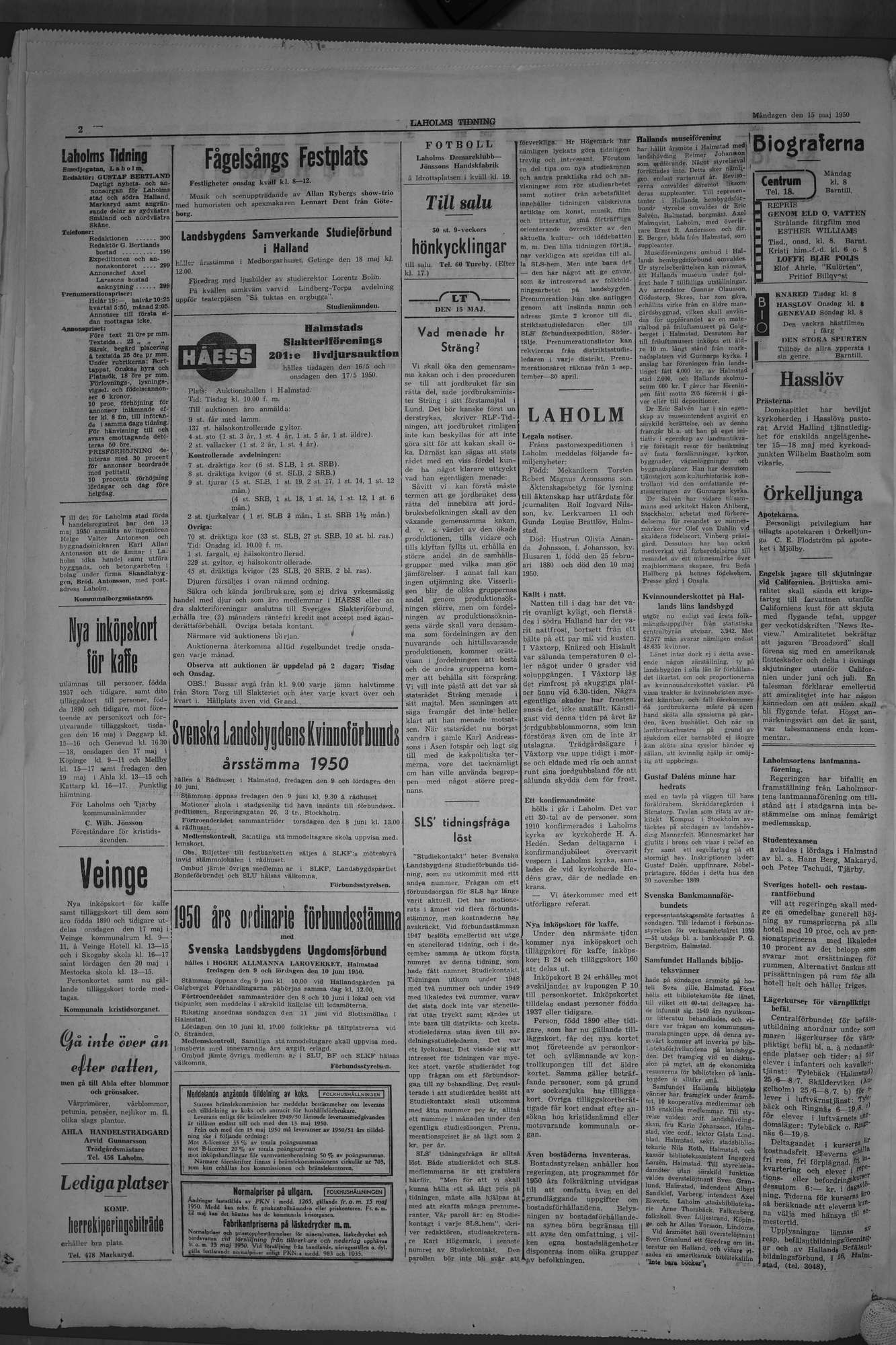 Laholms Tidning Måndag 15 maj 1950, sida 2
