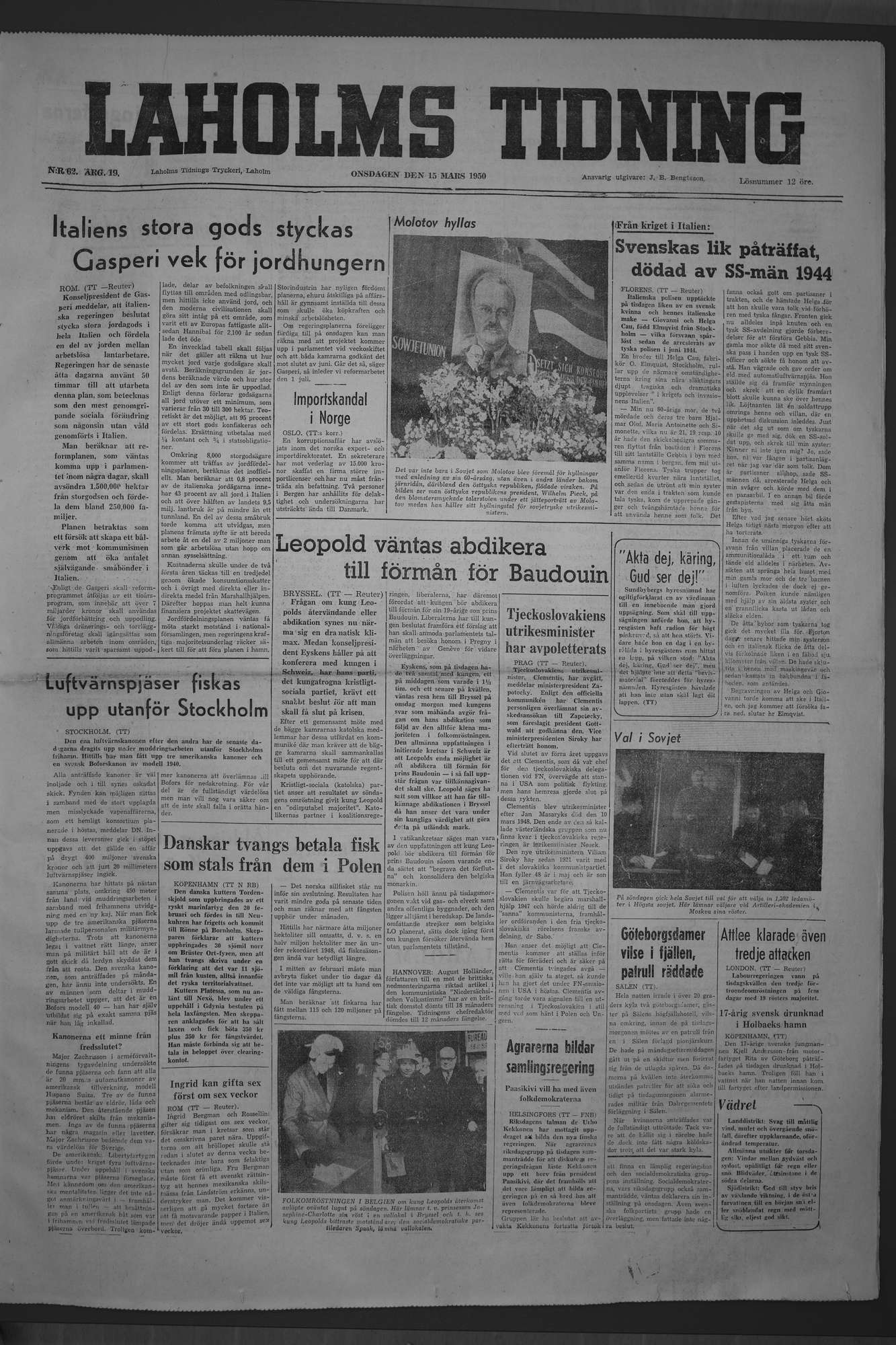 Laholms Tidning Onsdag 15 mars 1950, sida 1