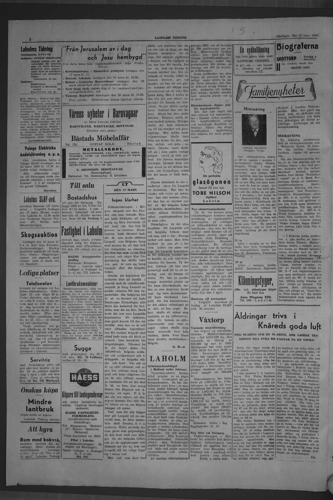 Laholms Tidning Onsdag 15 mars 1950, sida 2