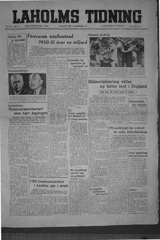 Förstasidan, Fredag 15 september 1950