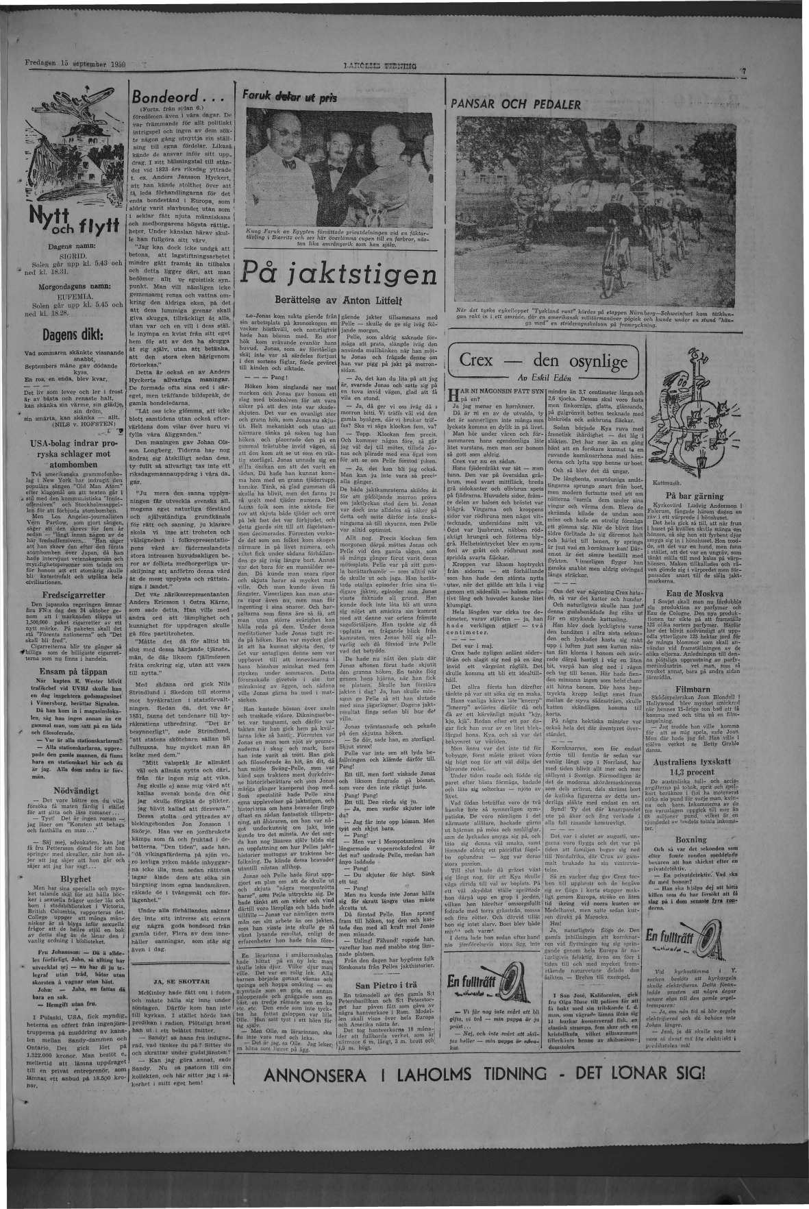 Laholms Tidning Fredag 15 september 1950, sida 7