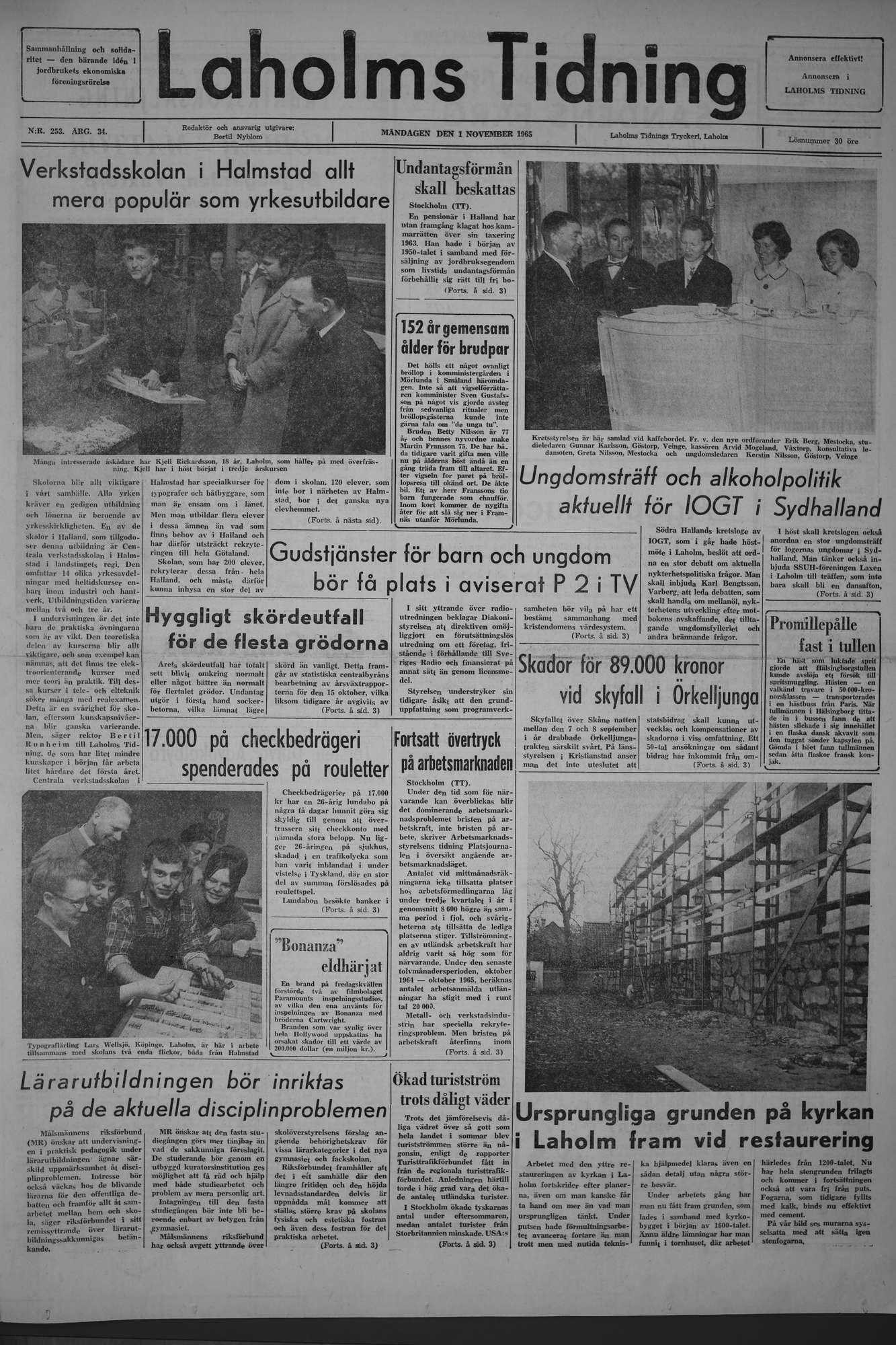 Laholms Tidning Måndag 1 november 1965, sida 1