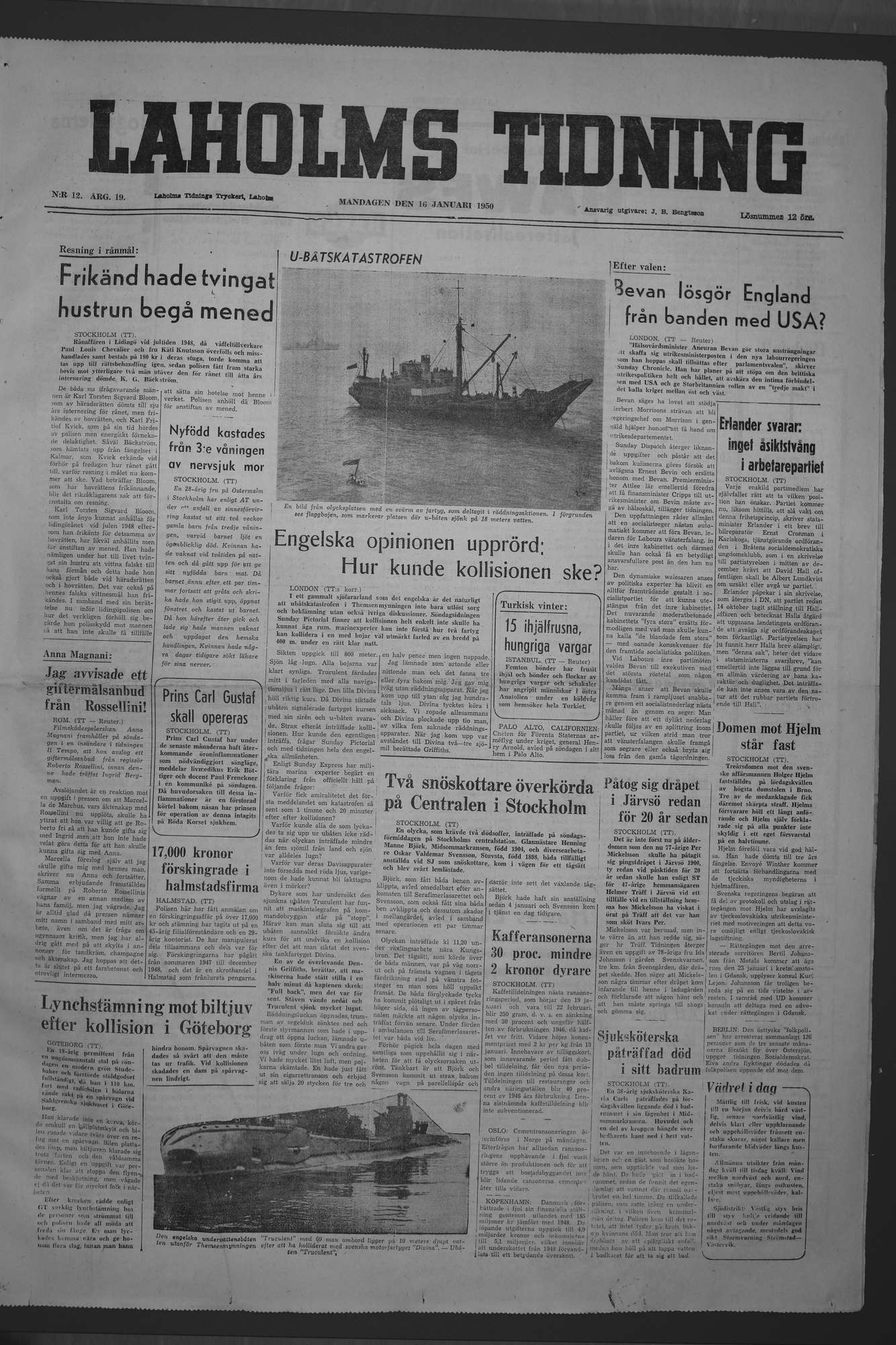Laholms Tidning Måndag 16 januari 1950, sida 1