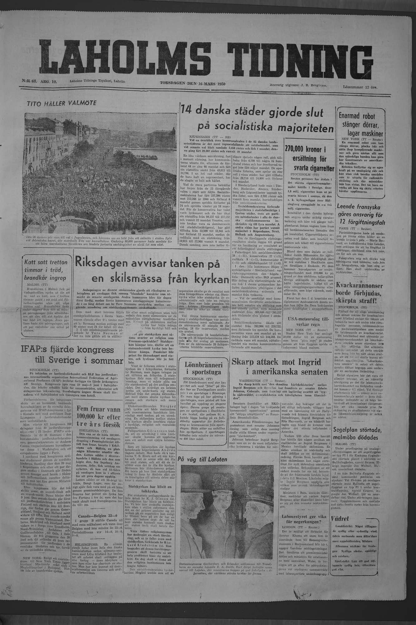 Laholms Tidning Torsdag 16 mars 1950, sida 1
