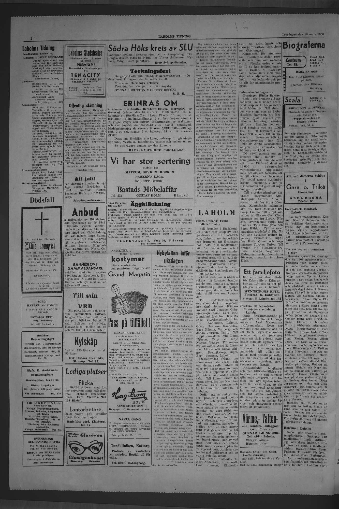 Laholms Tidning Torsdag 16 mars 1950, sida 2