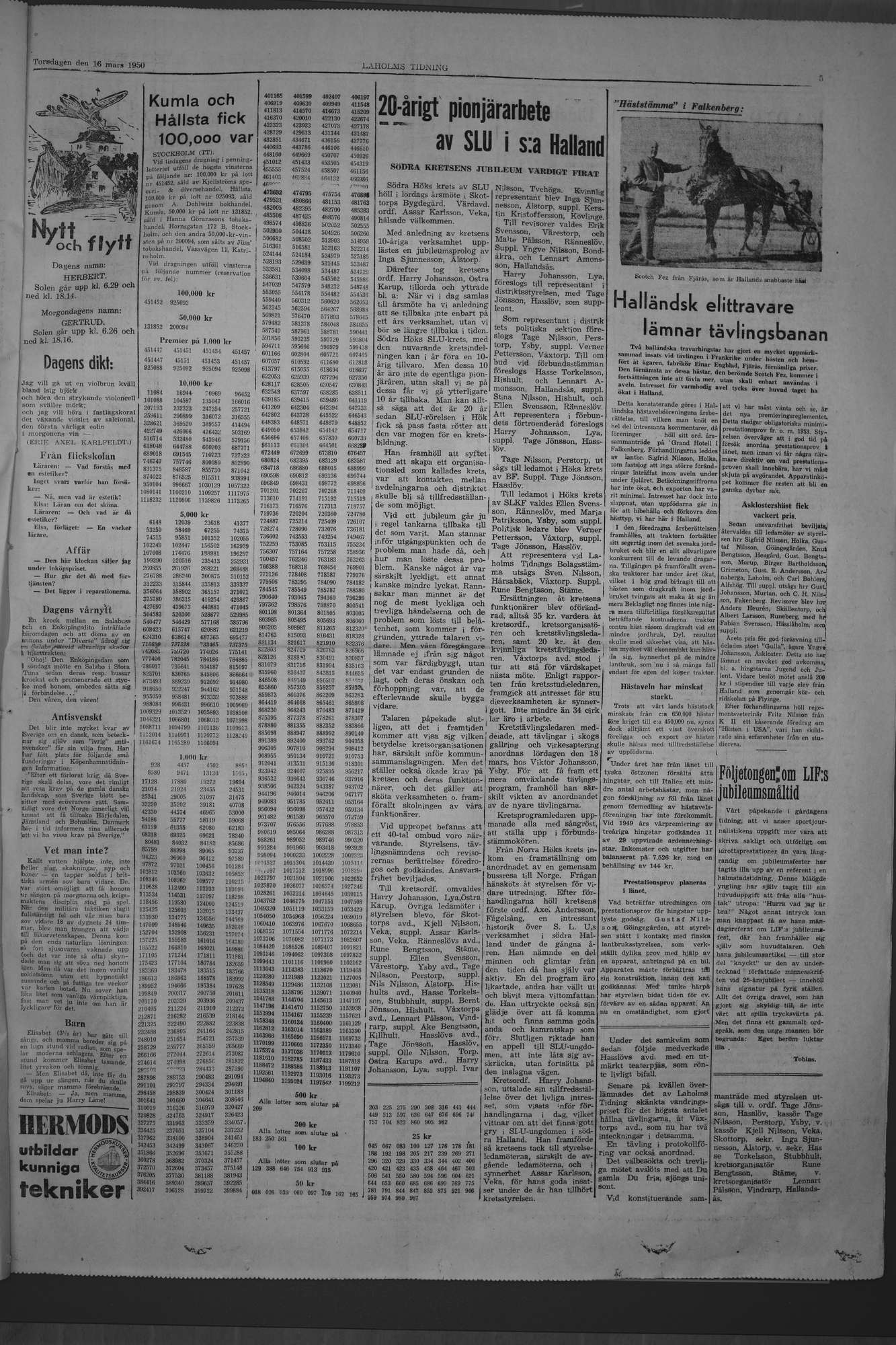 Laholms Tidning Torsdag 16 mars 1950, sida 5