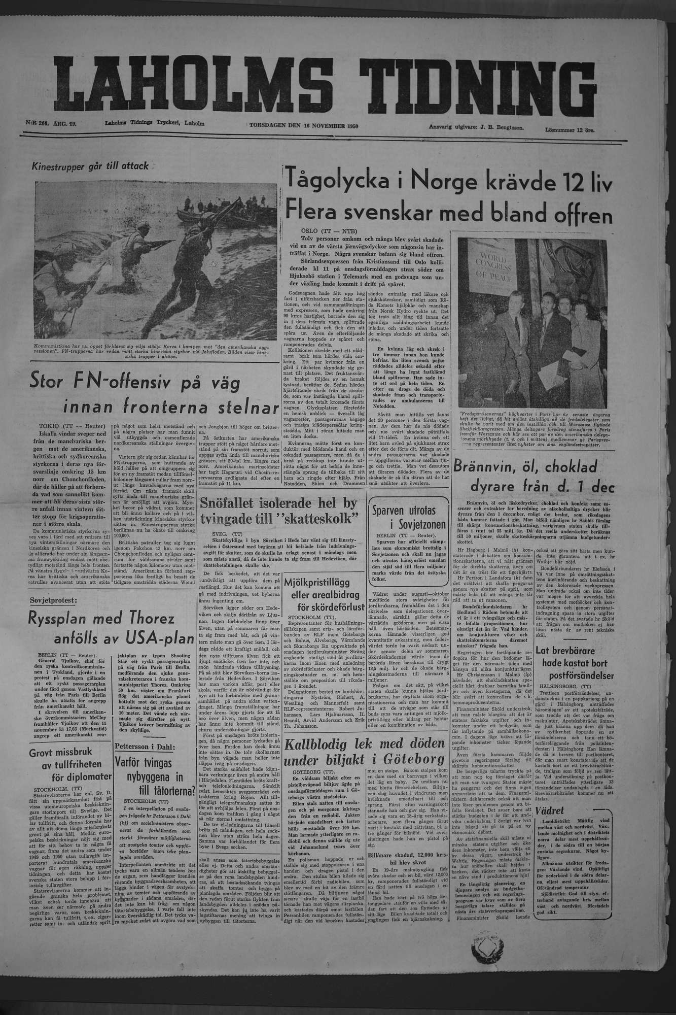 Laholms Tidning Torsdag 16 november 1950, sida 1