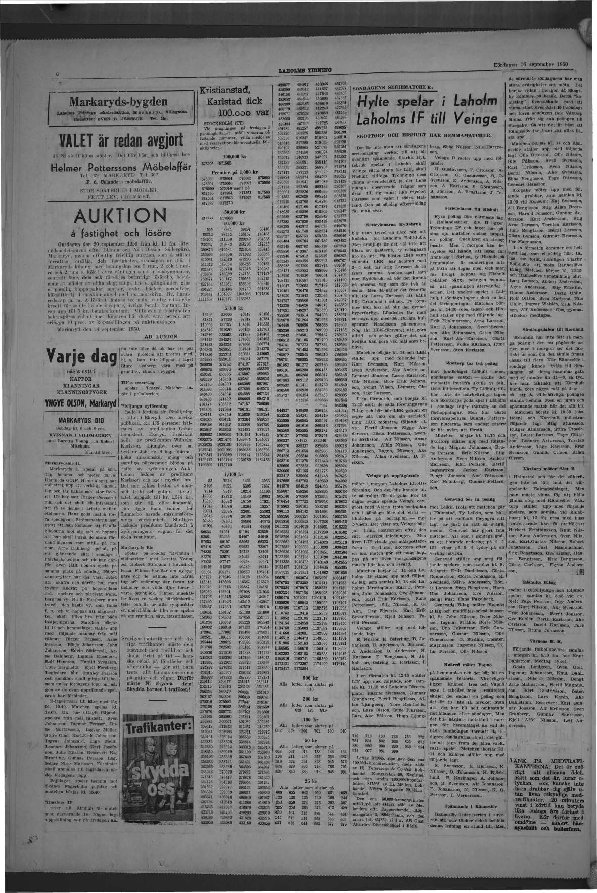 Laholms Tidning Lördag 16 september 1950, sida 6