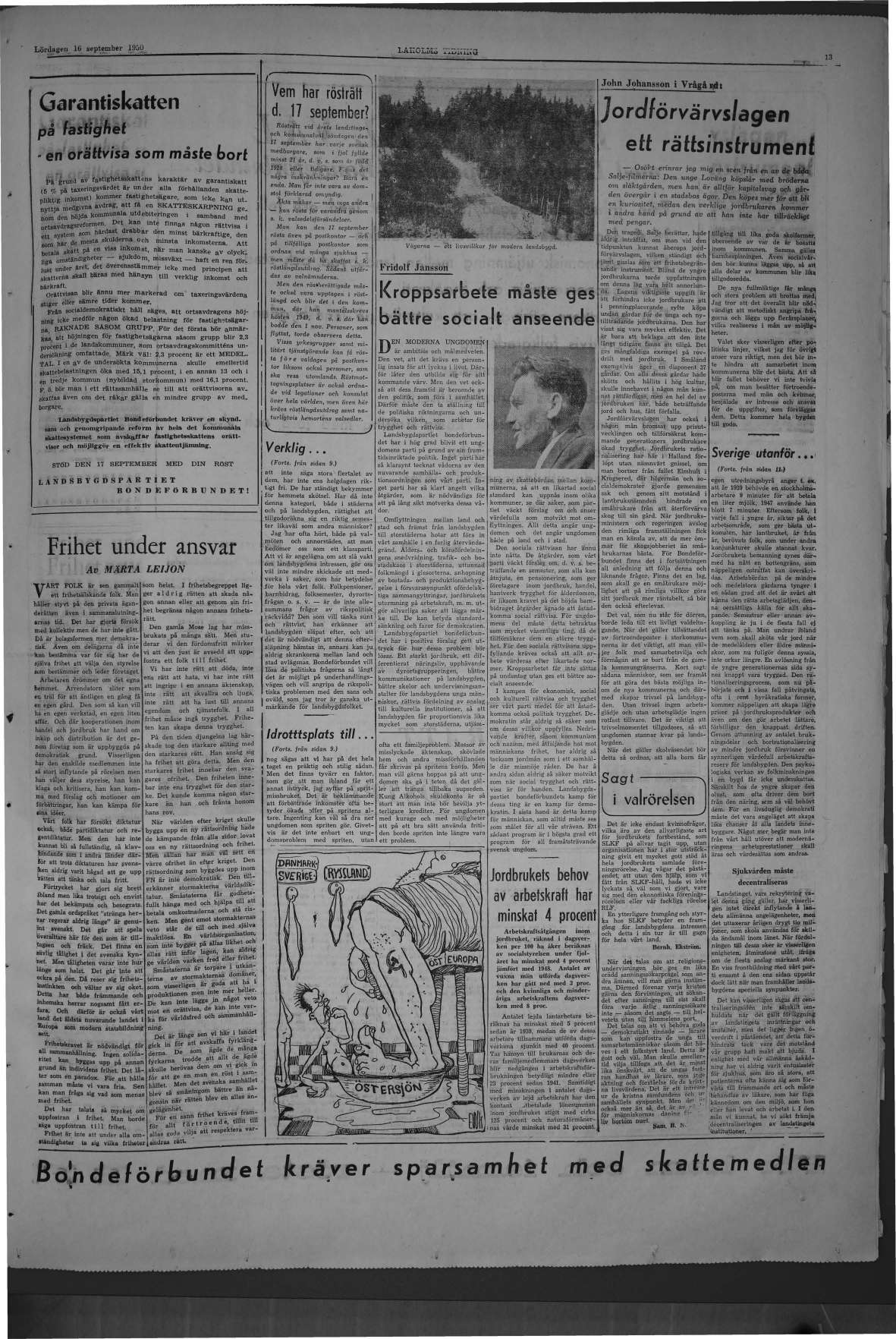 Laholms Tidning Lördag 16 september 1950, sida 13