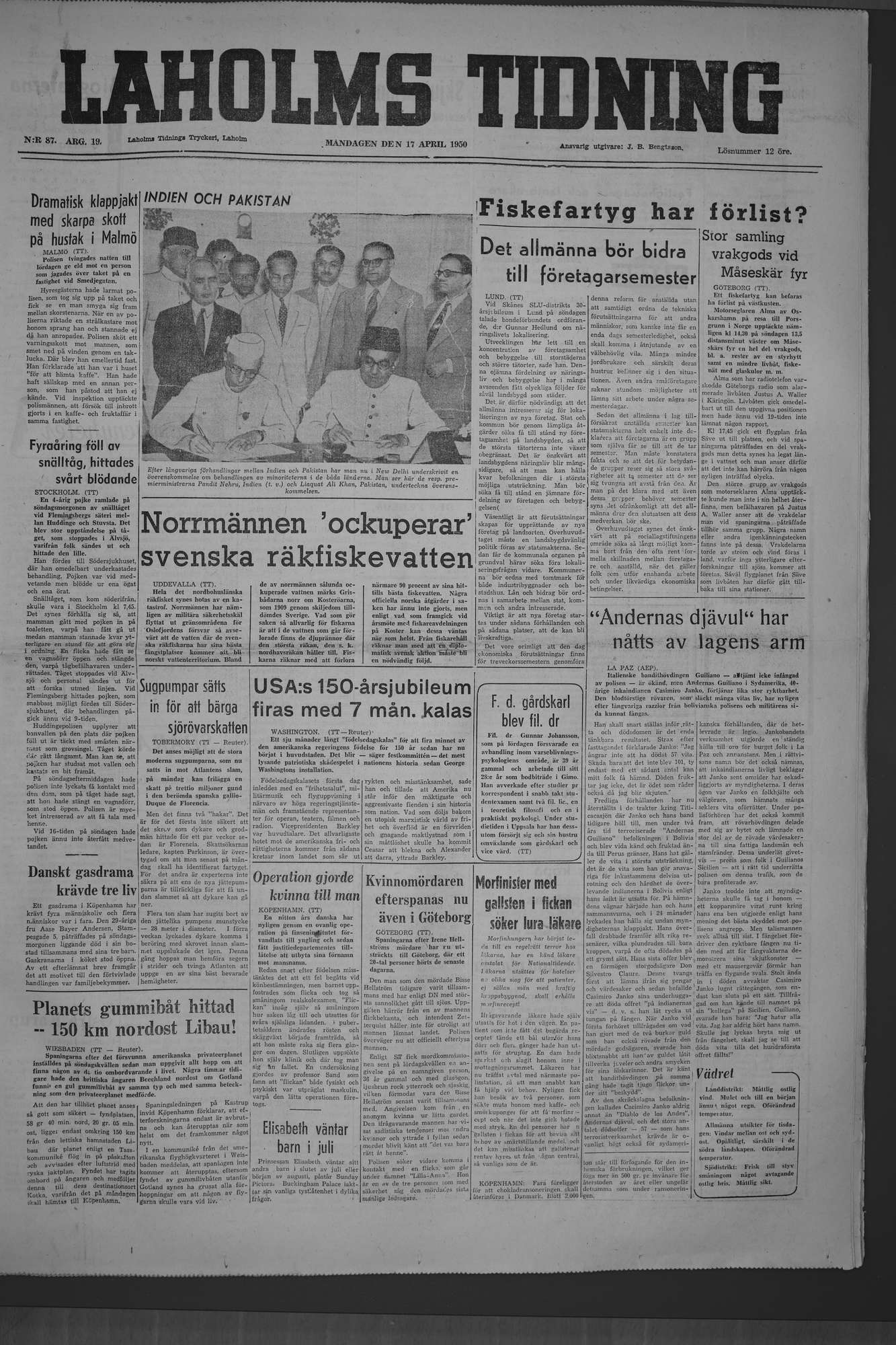 Laholms Tidning Måndag 17 april 1950, sida 1
