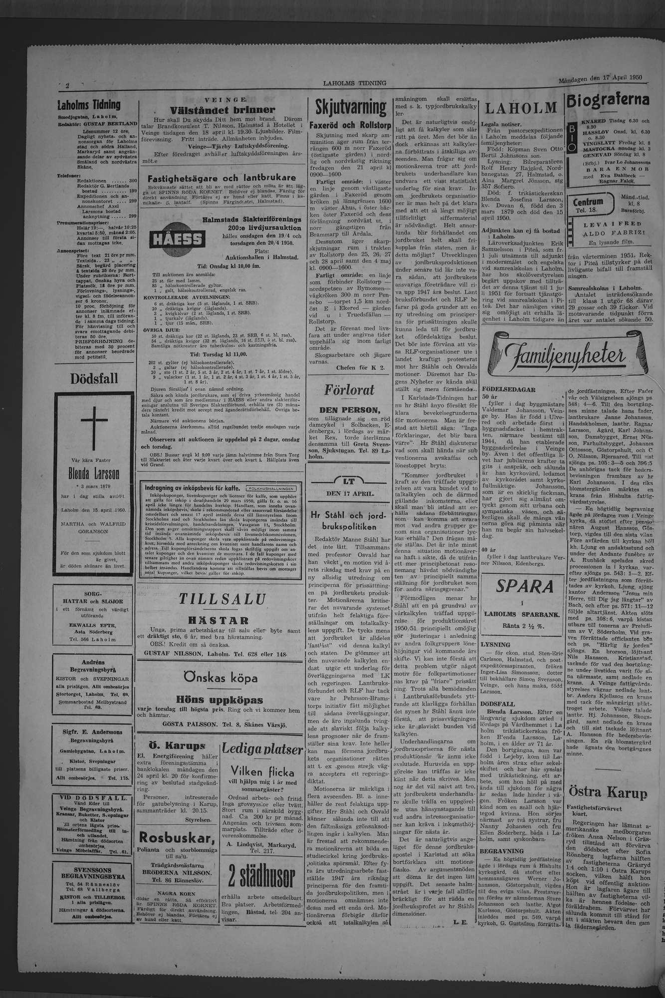 Laholms Tidning Måndag 17 april 1950, sida 2