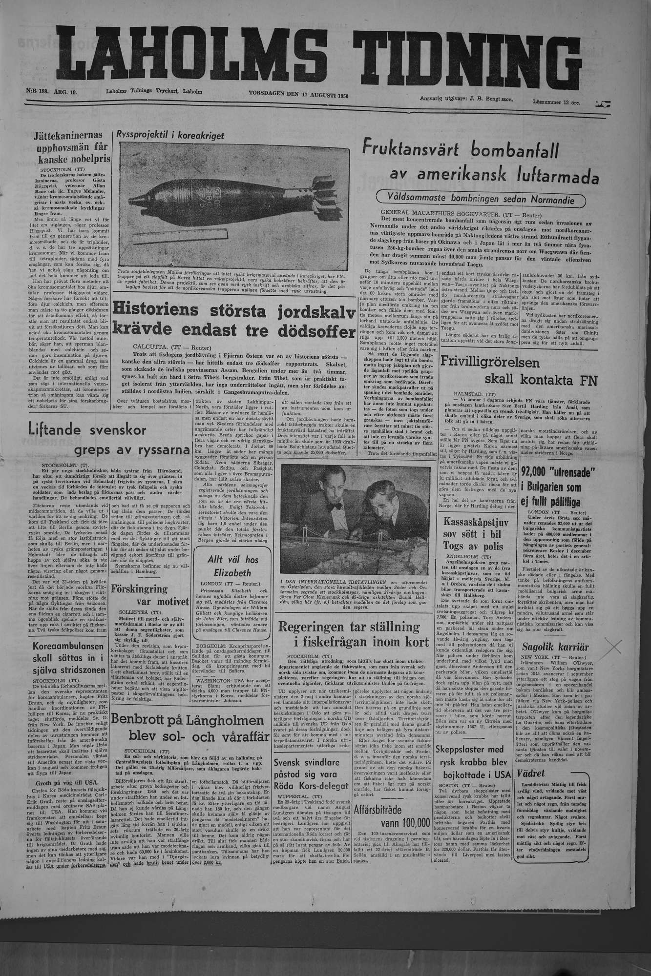 Laholms Tidning Torsdag 17 augusti 1950, sida 1