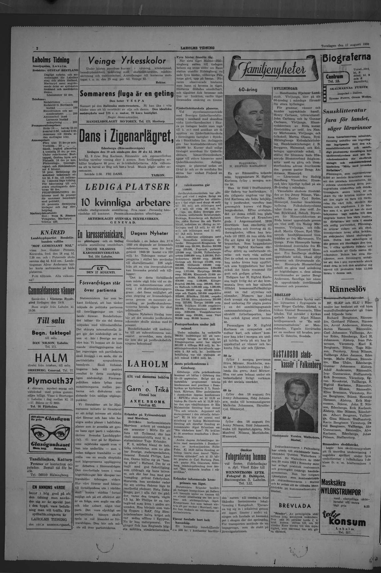 Laholms Tidning Torsdag 17 augusti 1950, sida 2