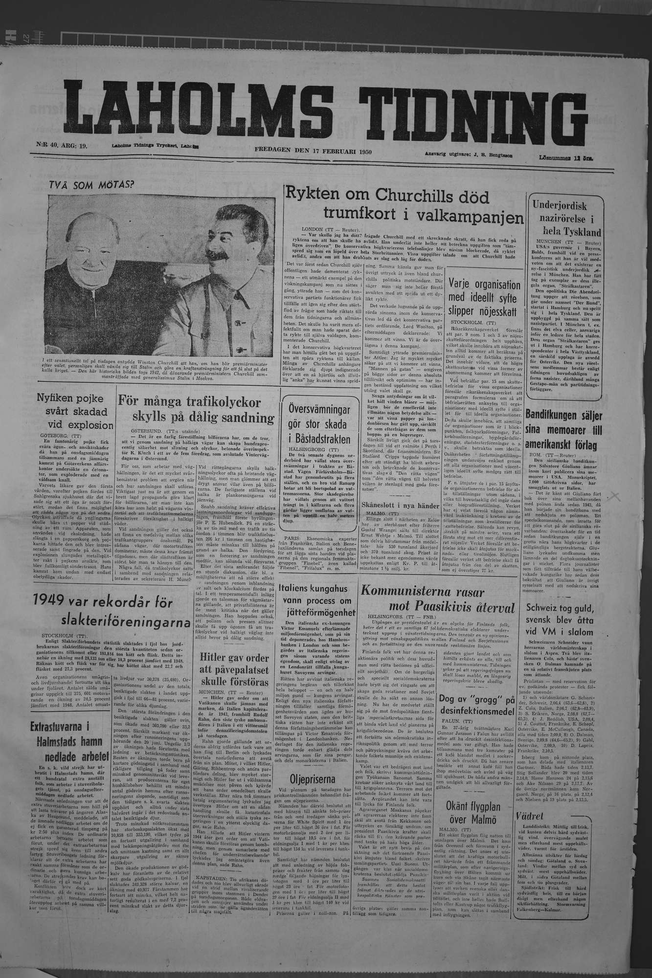 Laholms Tidning Fredag 17 februari 1950, sida 1