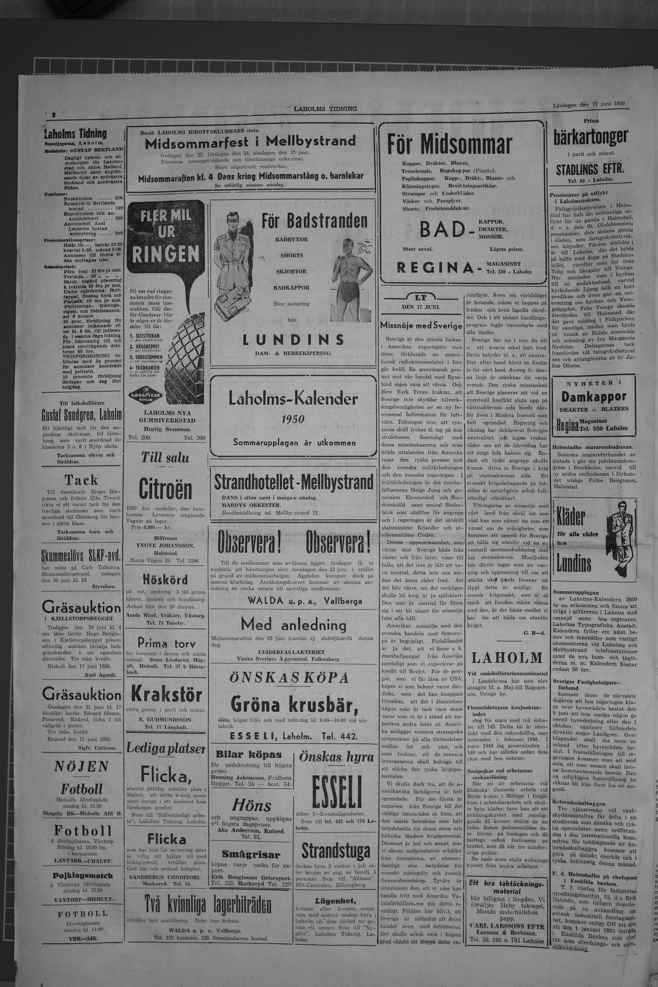 Laholms Tidning Lördag 17 juni 1950, sida 2