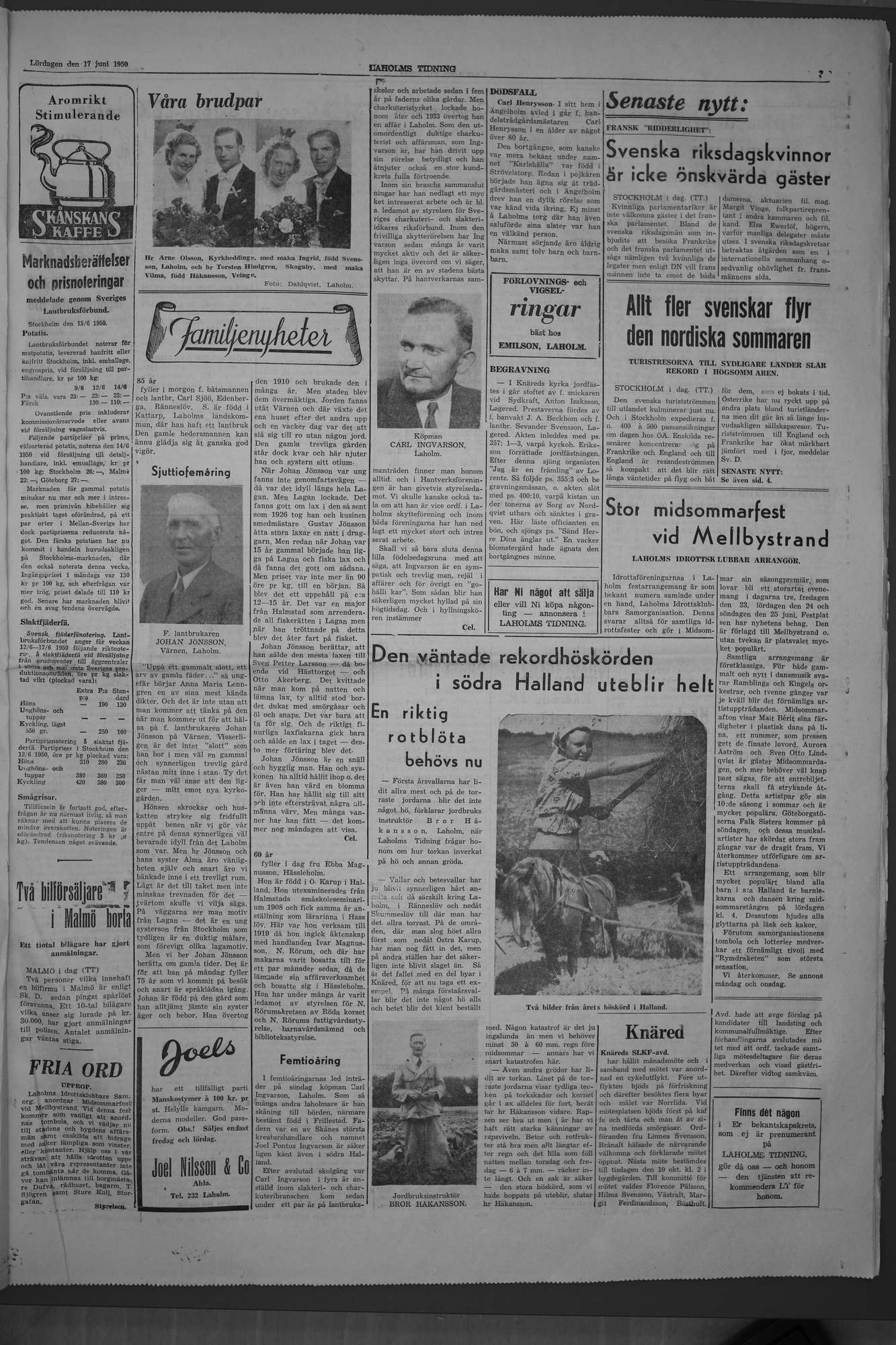 Laholms Tidning Lördag 17 juni 1950, sida 3
