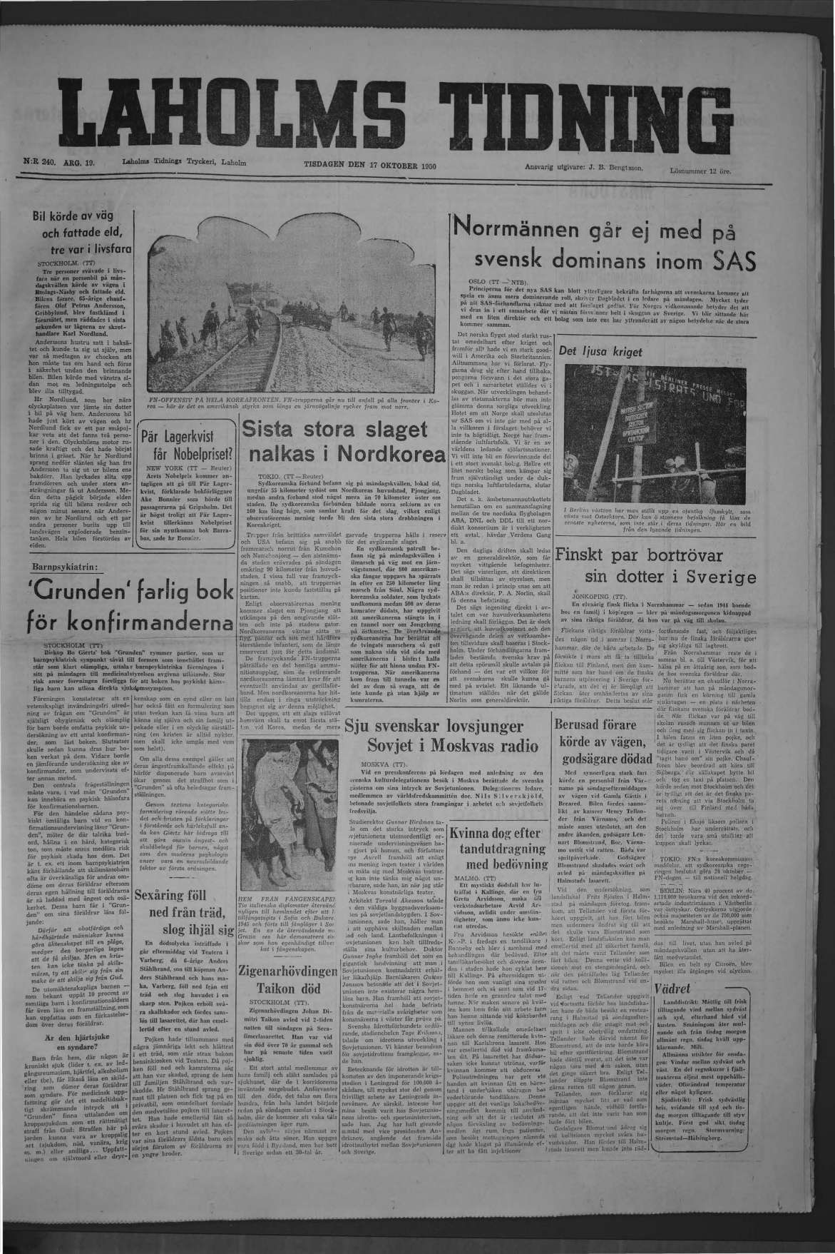 Laholms Tidning Tisdag 17 oktober 1950, sida 1