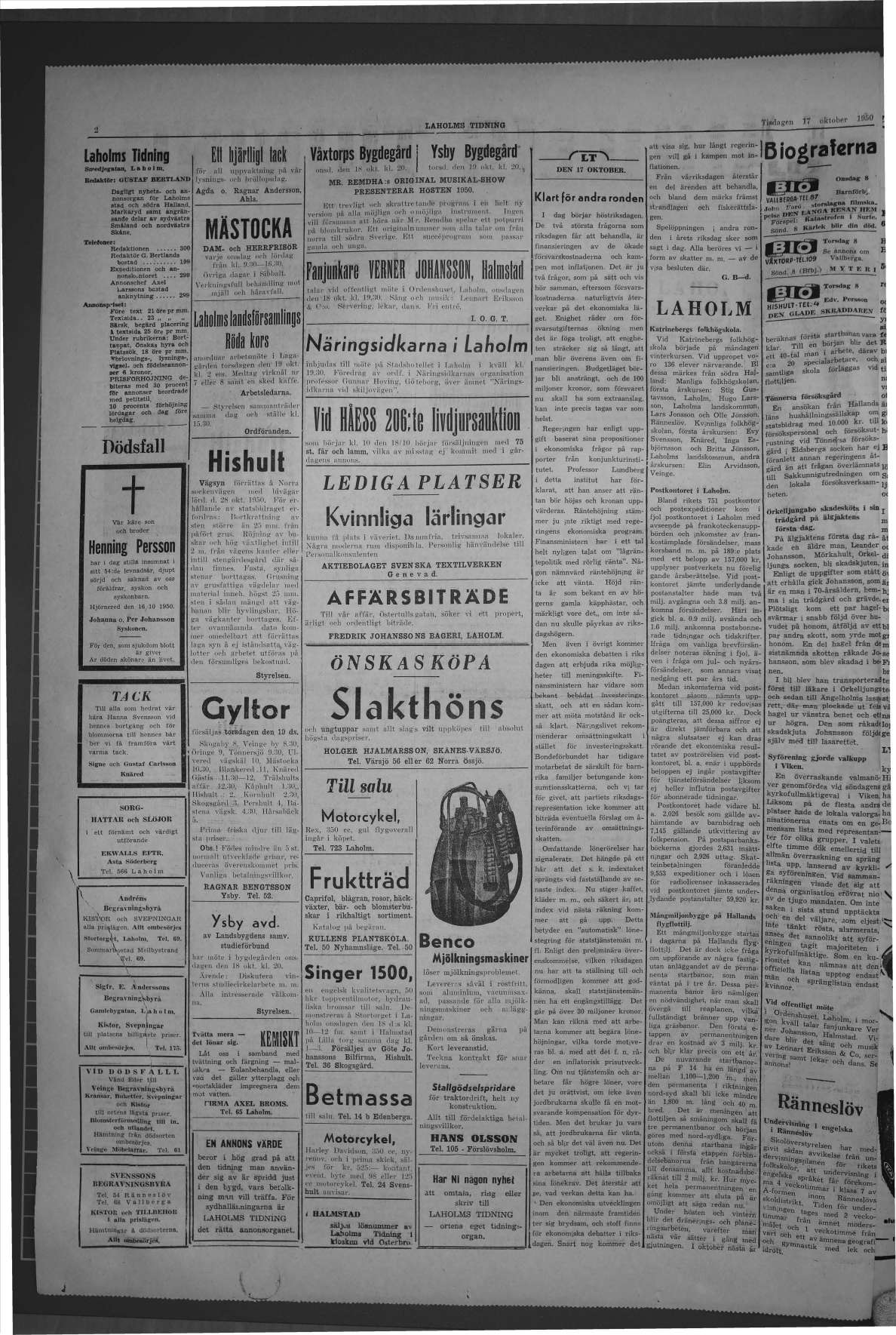 Laholms Tidning Tisdag 17 oktober 1950, sida 2