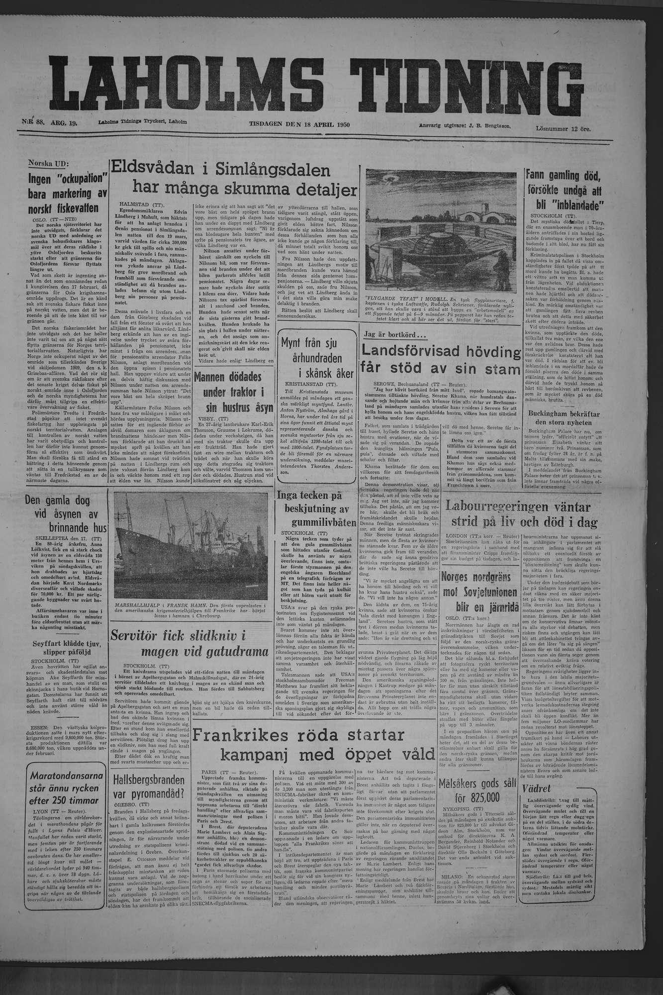 Laholms Tidning Tisdag 18 april 1950, sida 1