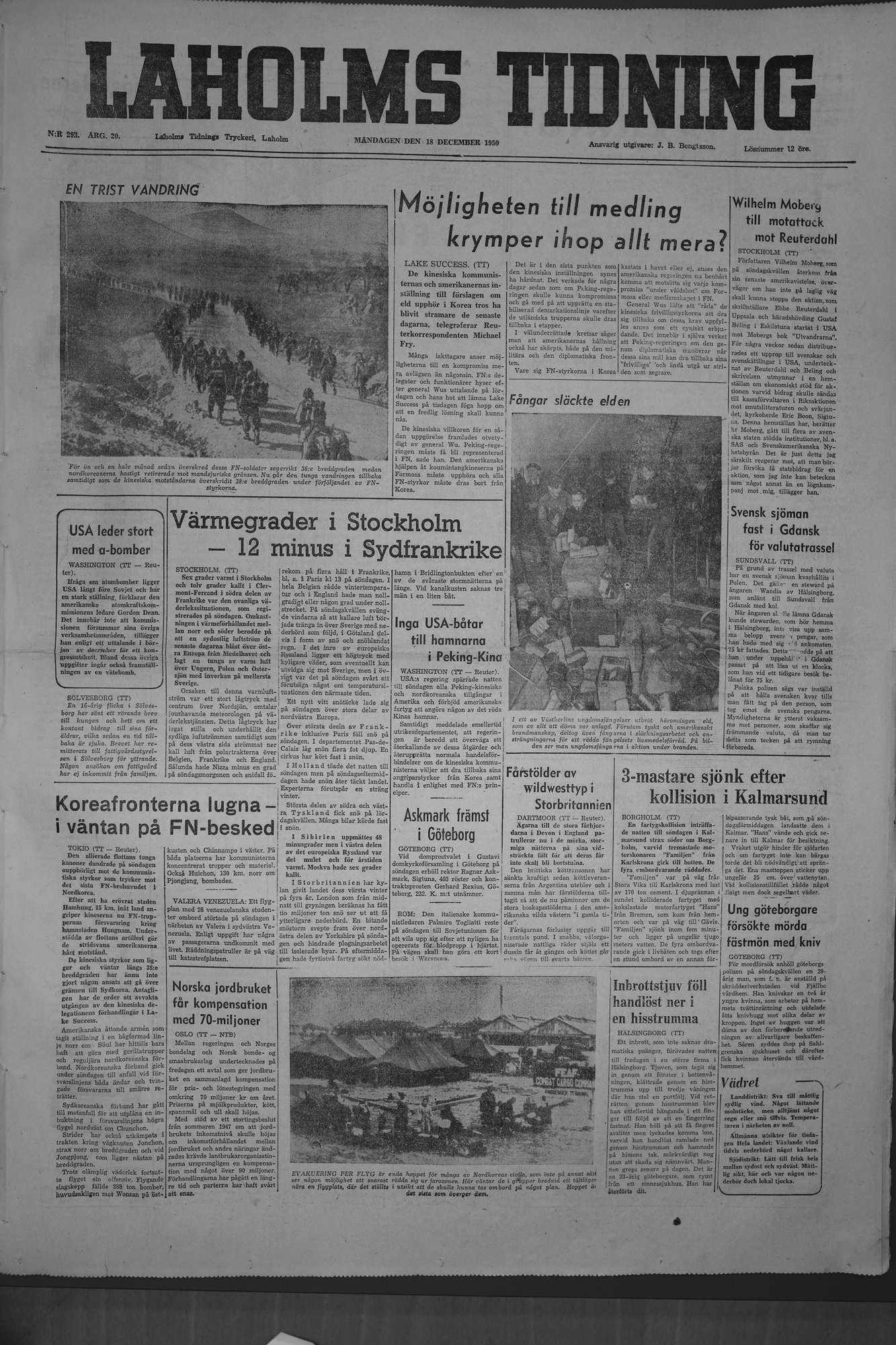 Laholms Tidning Måndag 18 december 1950, sida 1