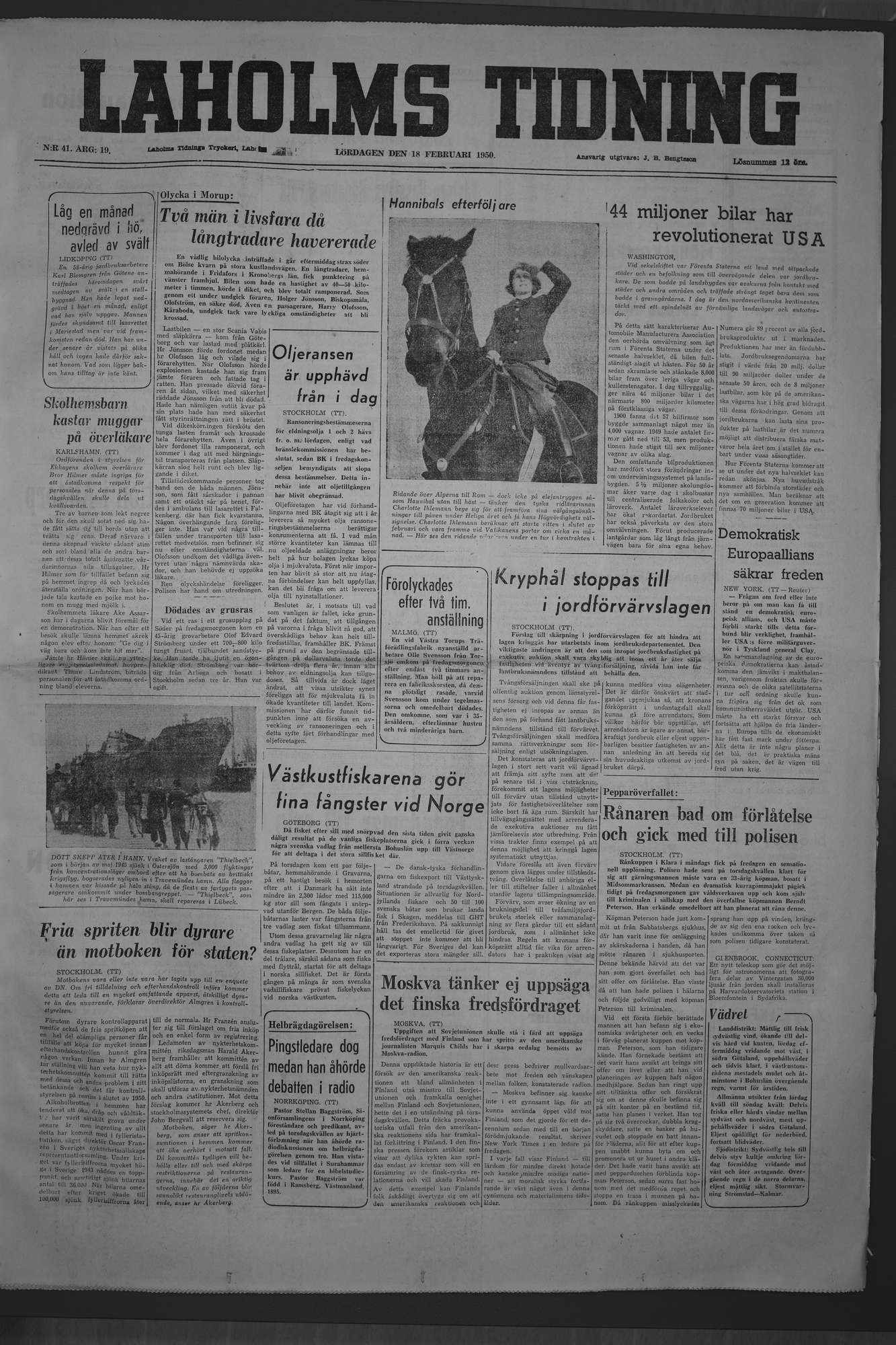 Laholms Tidning Lördag 18 februari 1950, sida 1