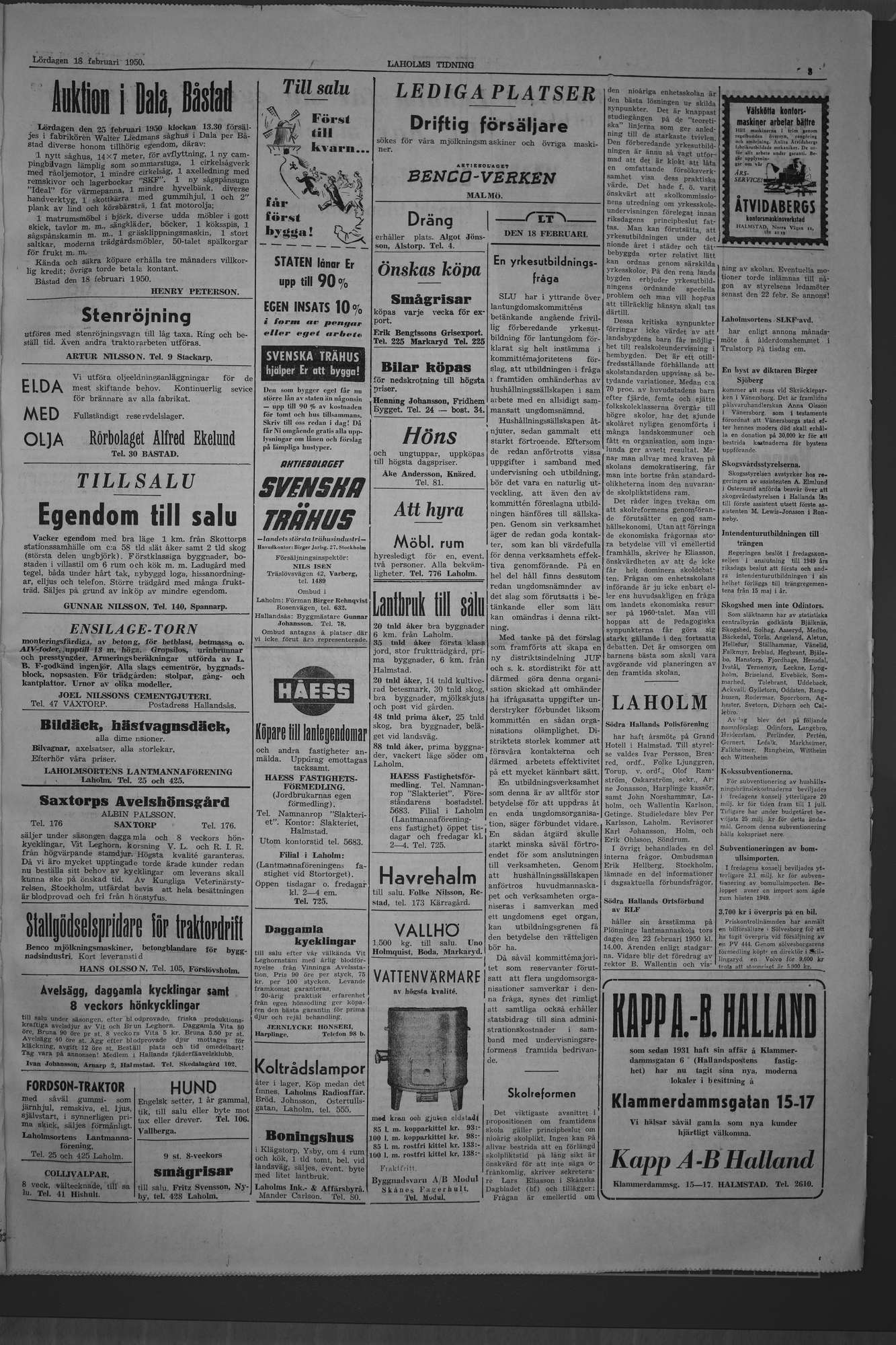 Laholms Tidning Lördag 18 februari 1950, sida 3