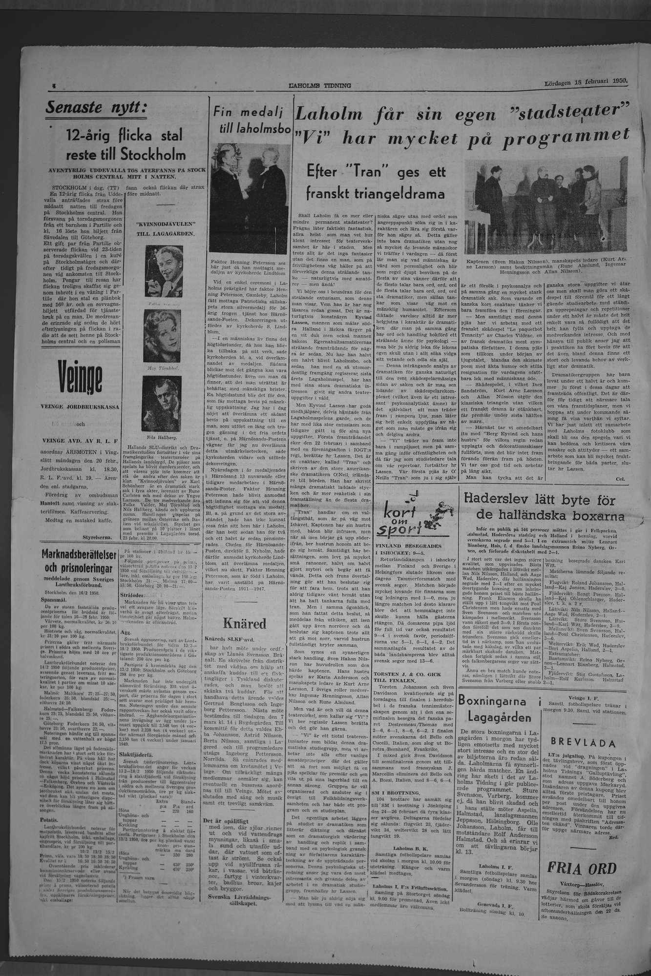 Laholms Tidning Lördag 18 februari 1950, sida 4