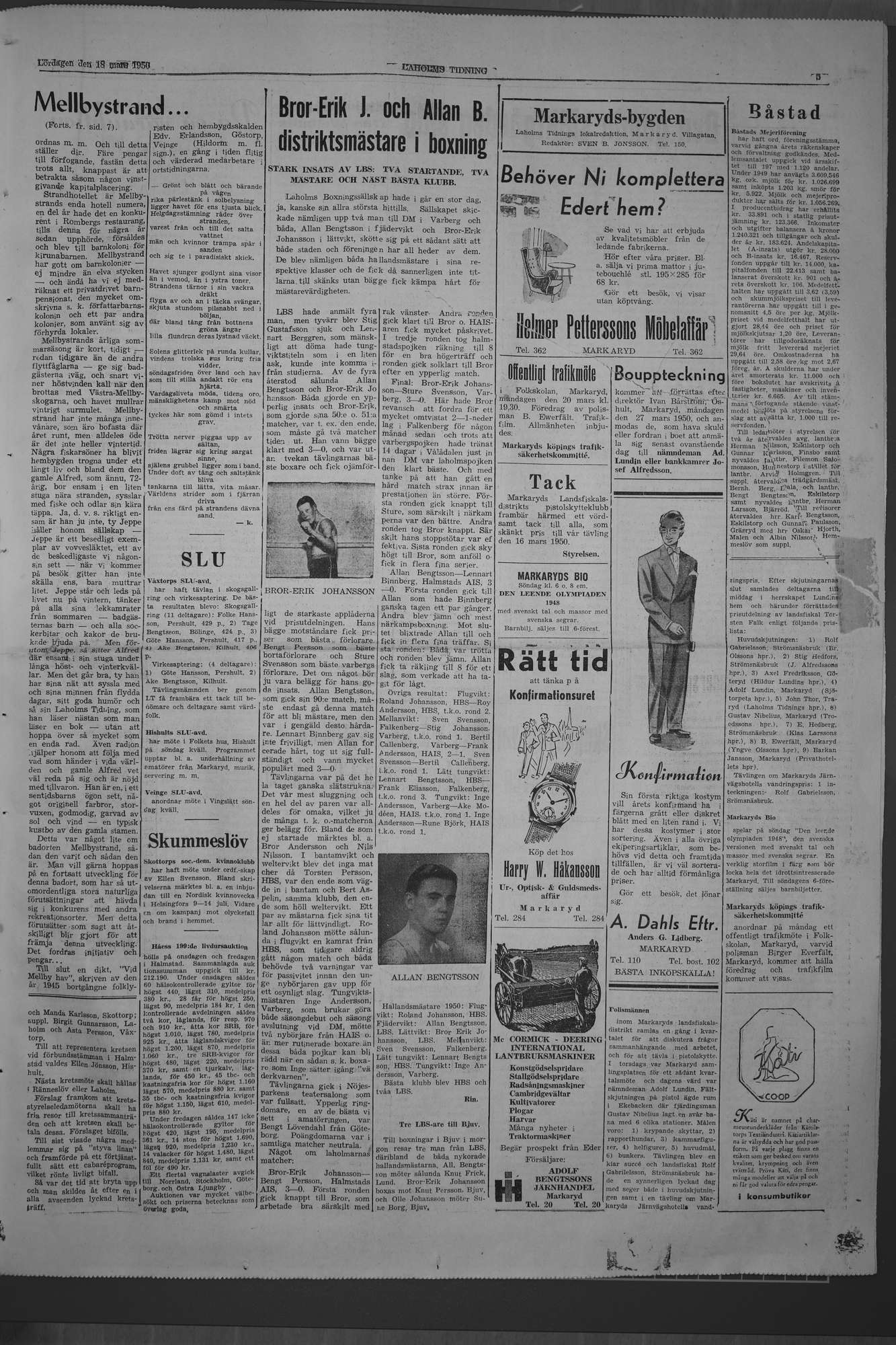 Laholms Tidning Lördag 18 mars 1950, sida 5