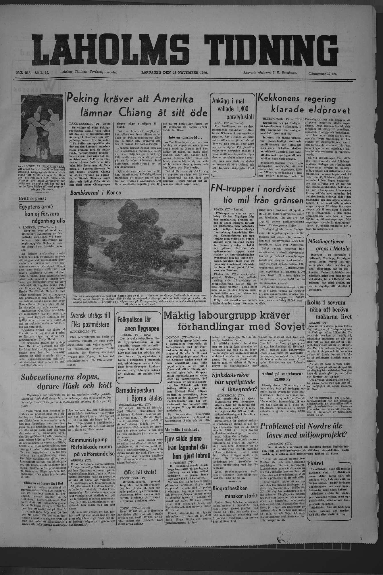 Laholms Tidning Lördag 18 november 1950, sida 1