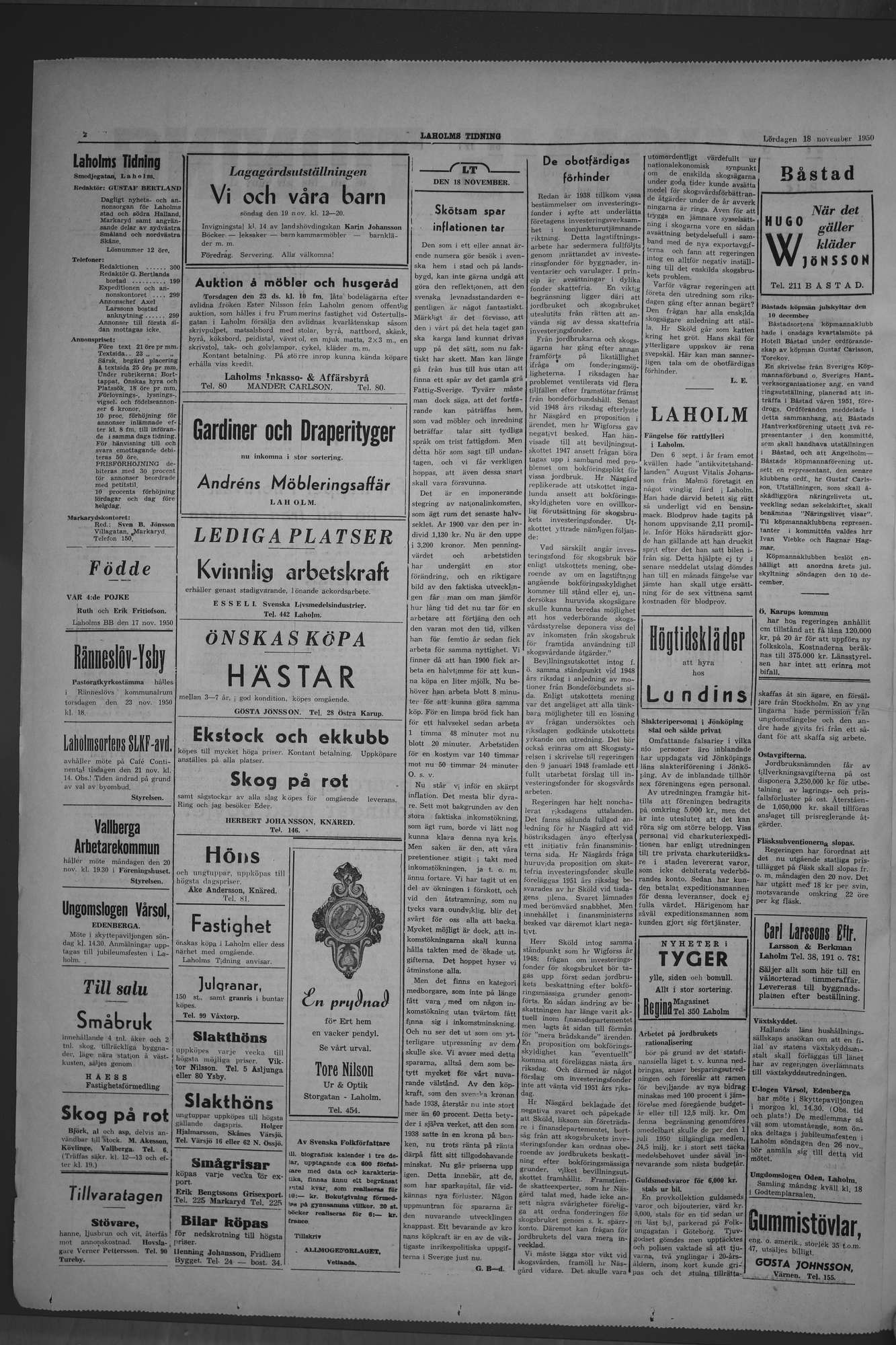 Laholms Tidning Lördag 18 november 1950, sida 2