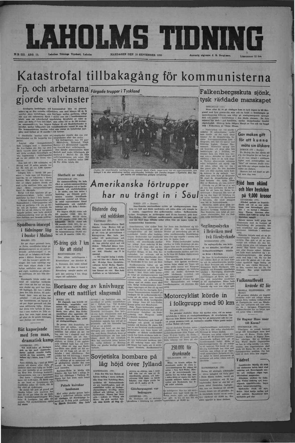 Laholms Tidning Måndag 18 september 1950, sida 1
