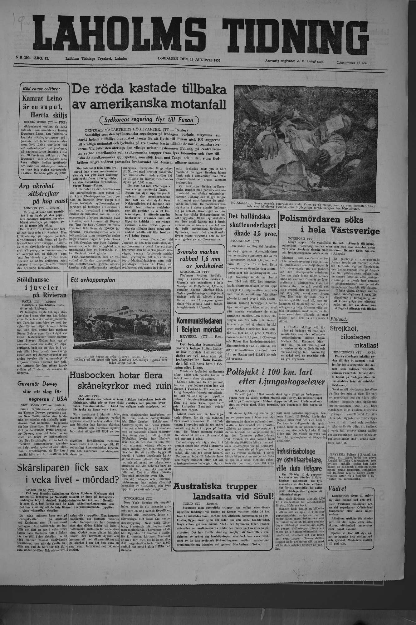 Laholms Tidning Lördag 19 augusti 1950, sida 1