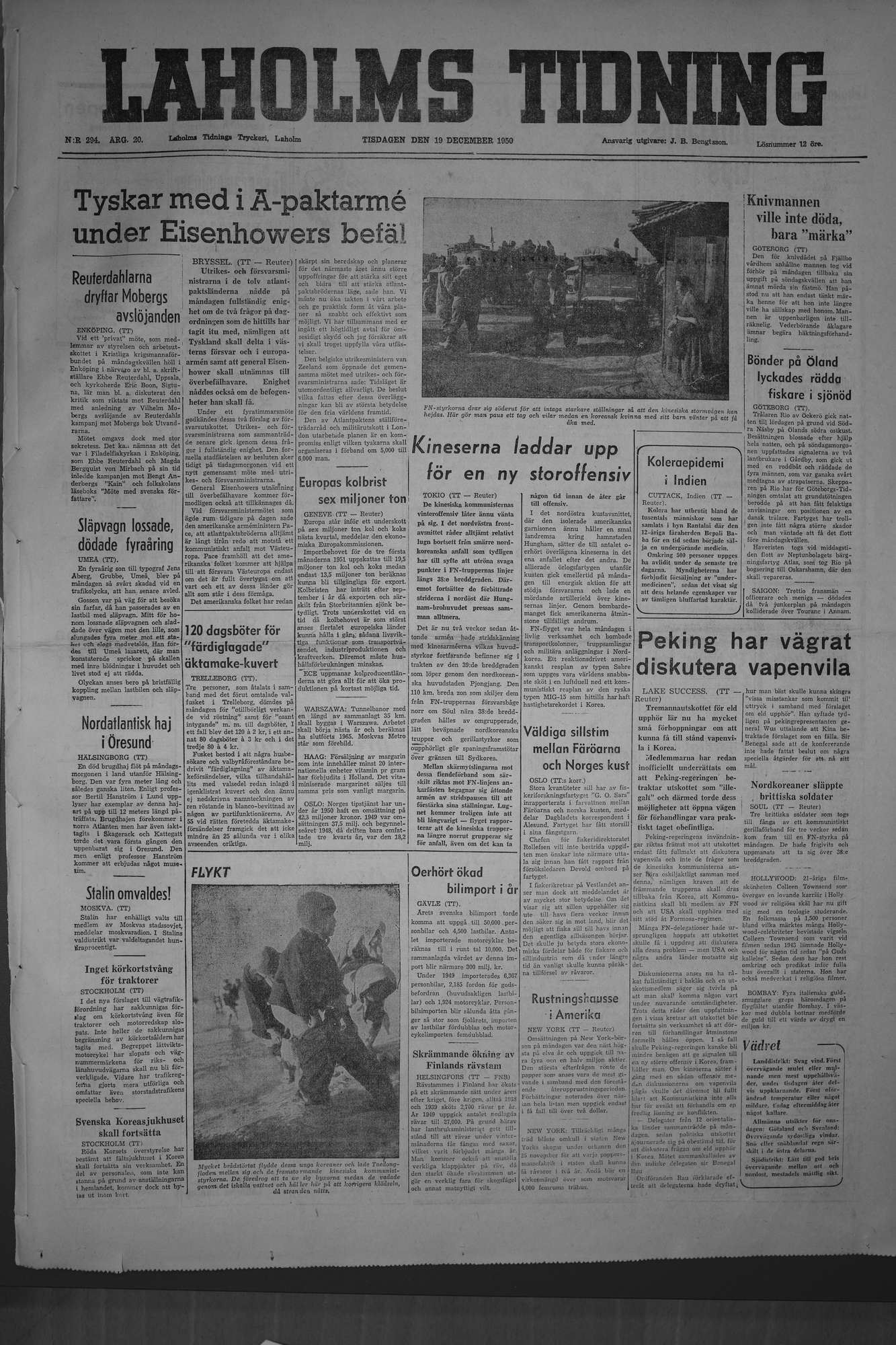Laholms Tidning Tisdag 19 december 1950, sida 1