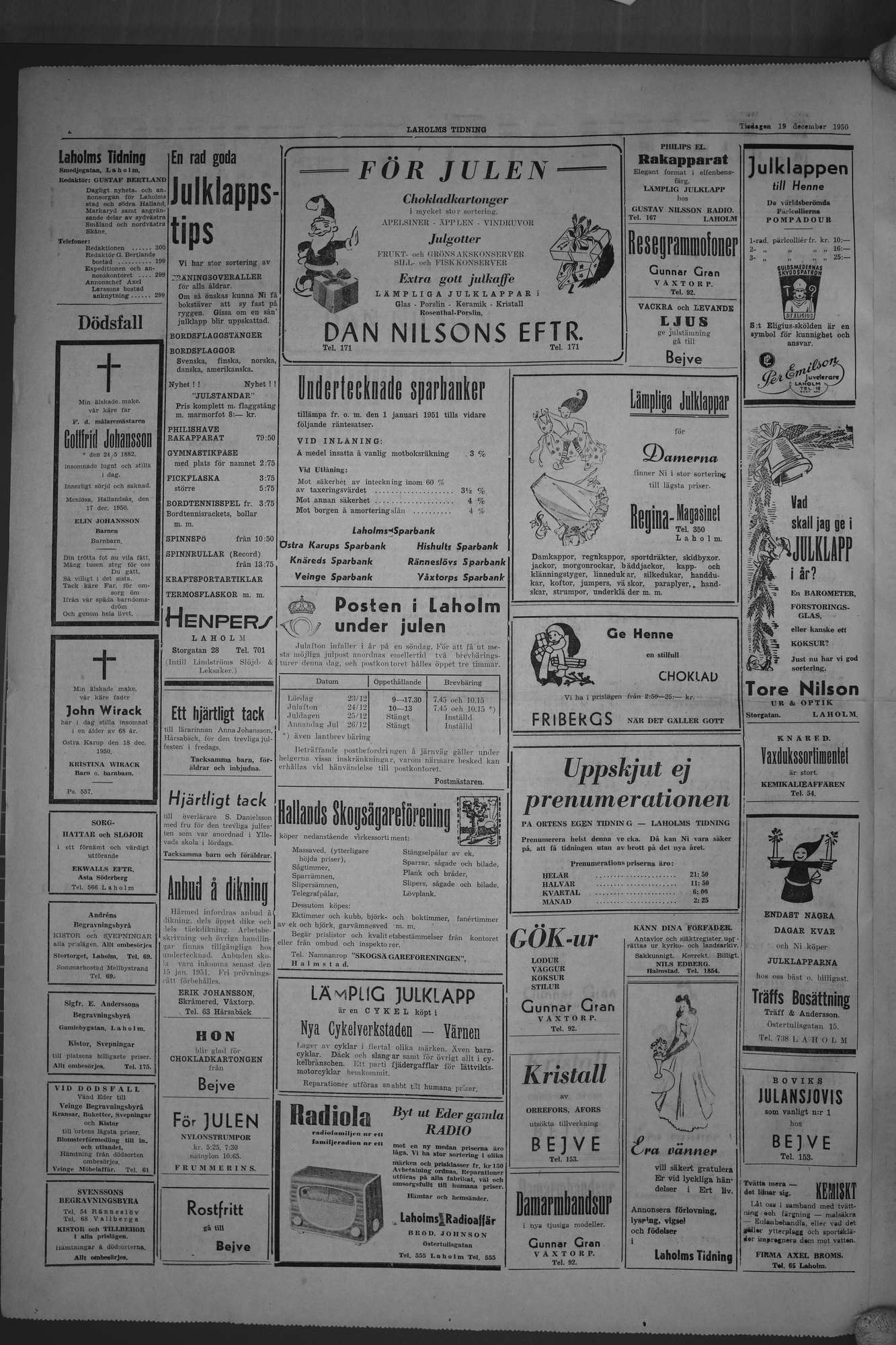 Laholms Tidning Tisdag 19 december 1950, sida 2
