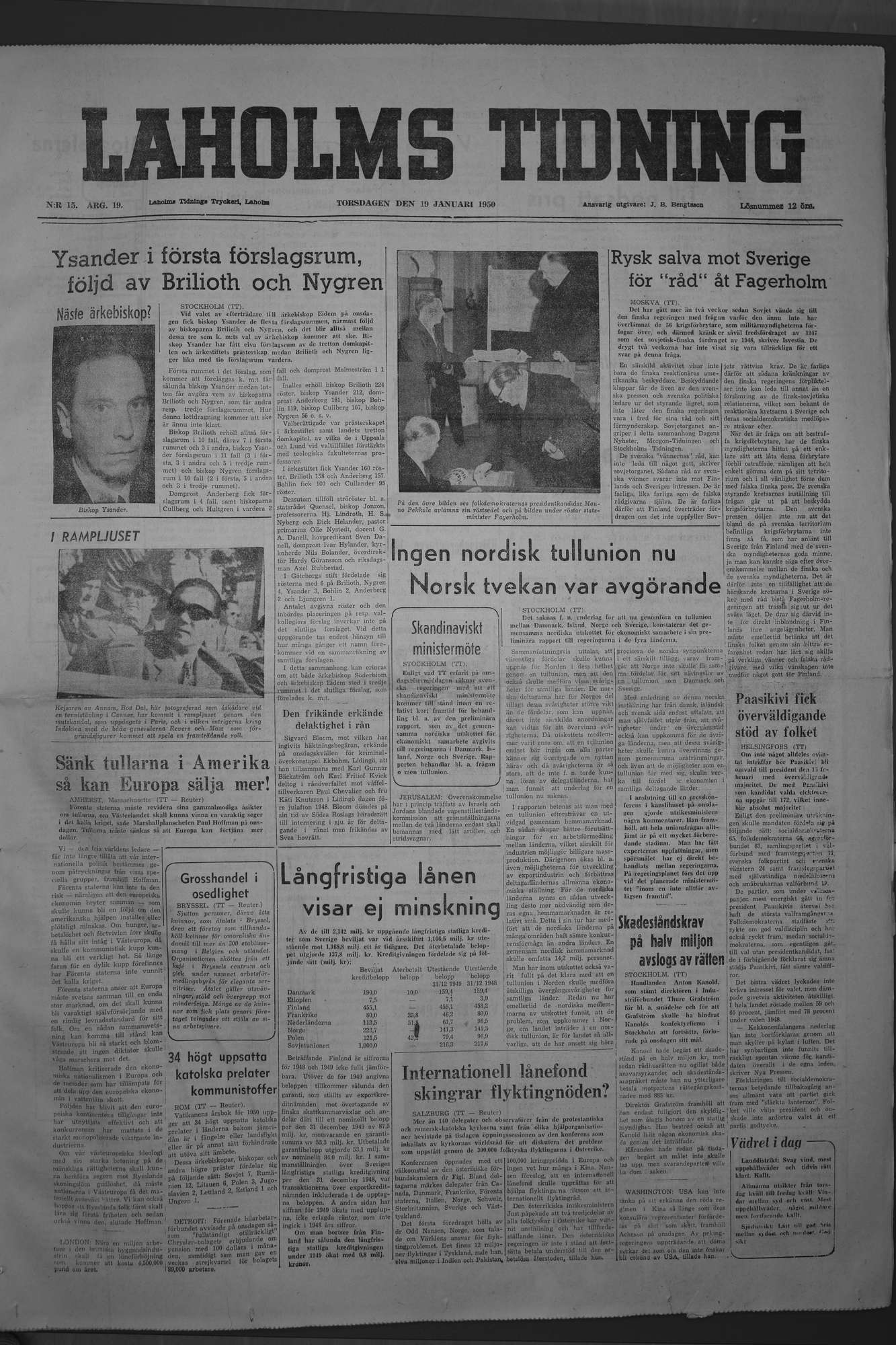 Laholms Tidning Torsdag 19 januari 1950, sida 1