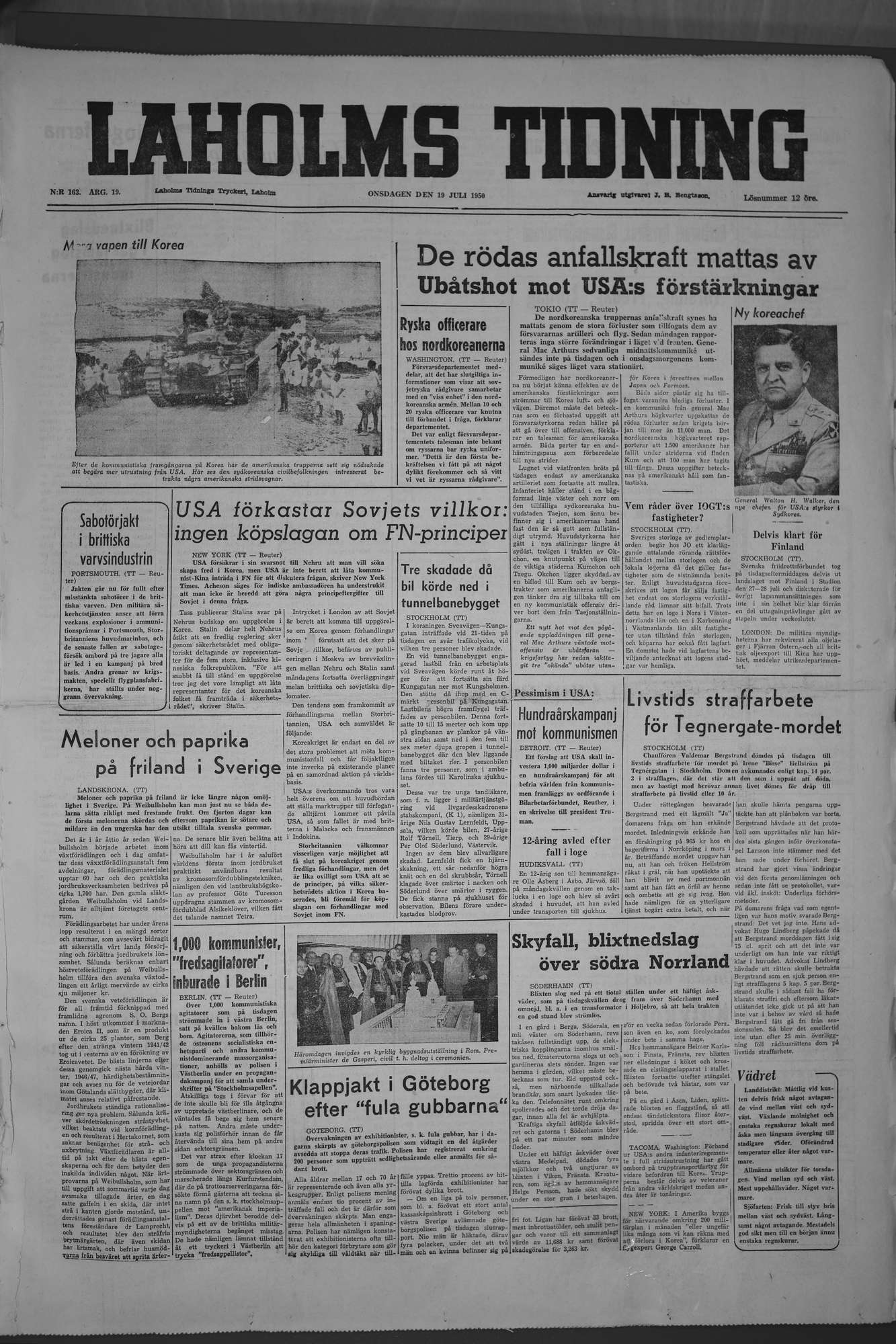 Laholms Tidning Onsdag 19 juli 1950, sida 1